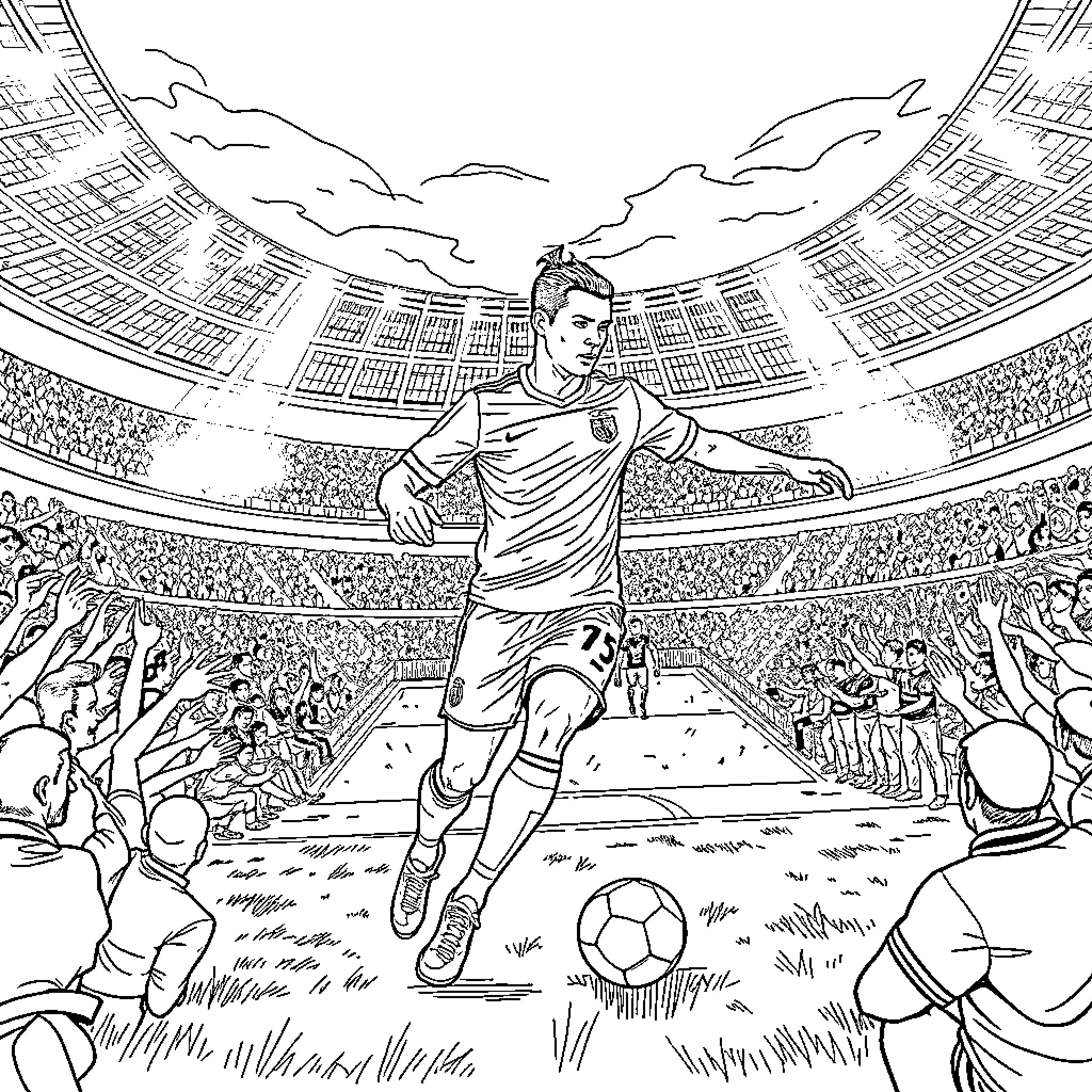 Cristiano Ronaldo's Triumphant Moment on the Pitch Coloring Page (free black-and-white line drawing printable PDF for all, from beginners to advanced learners, including children, teens, adults, and seniors)