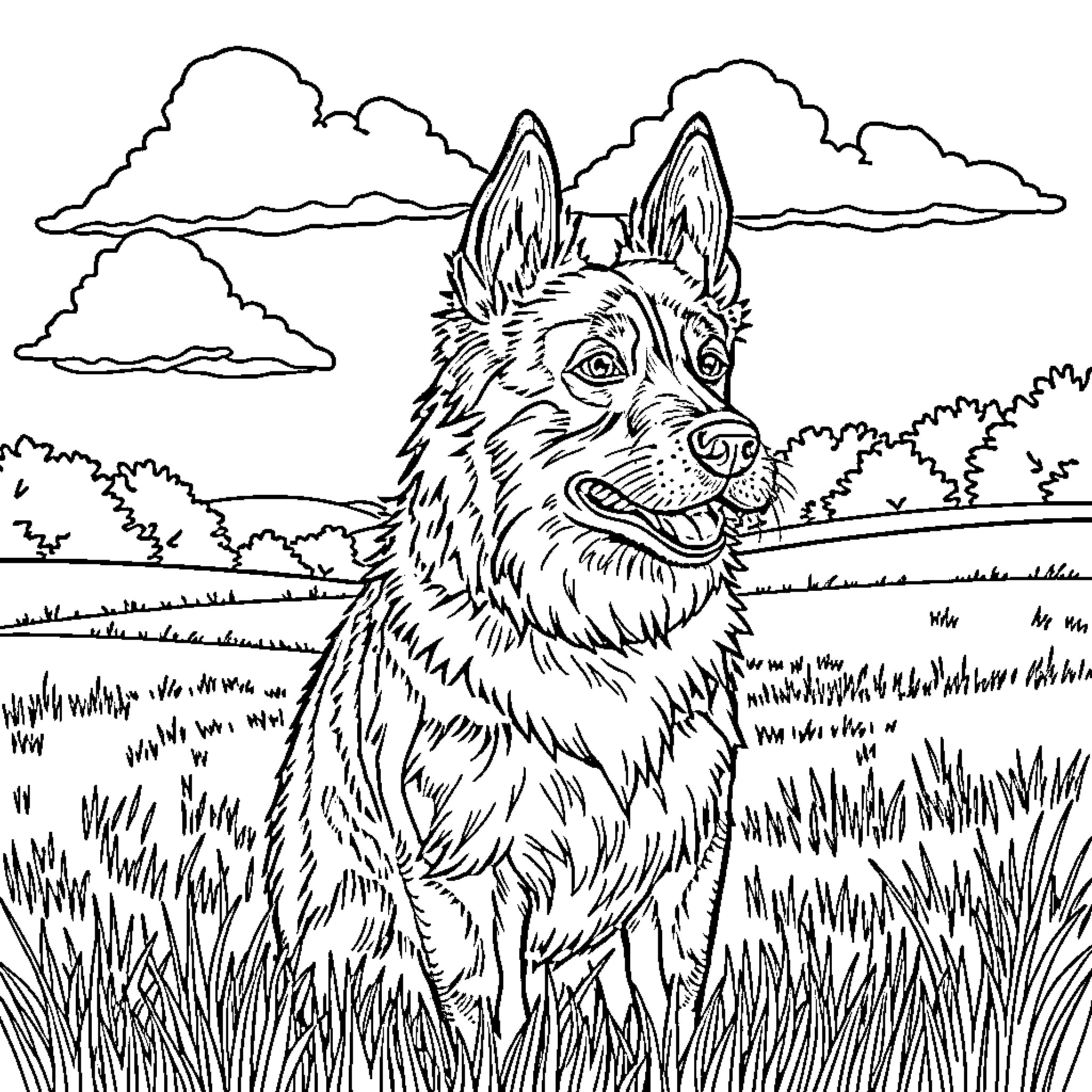 Swedish Vallhund exploring the countryside Coloring Page (free black-and-white line drawing printable PDF for all, from beginners to advanced learners, including children, teens, adults, and seniors)