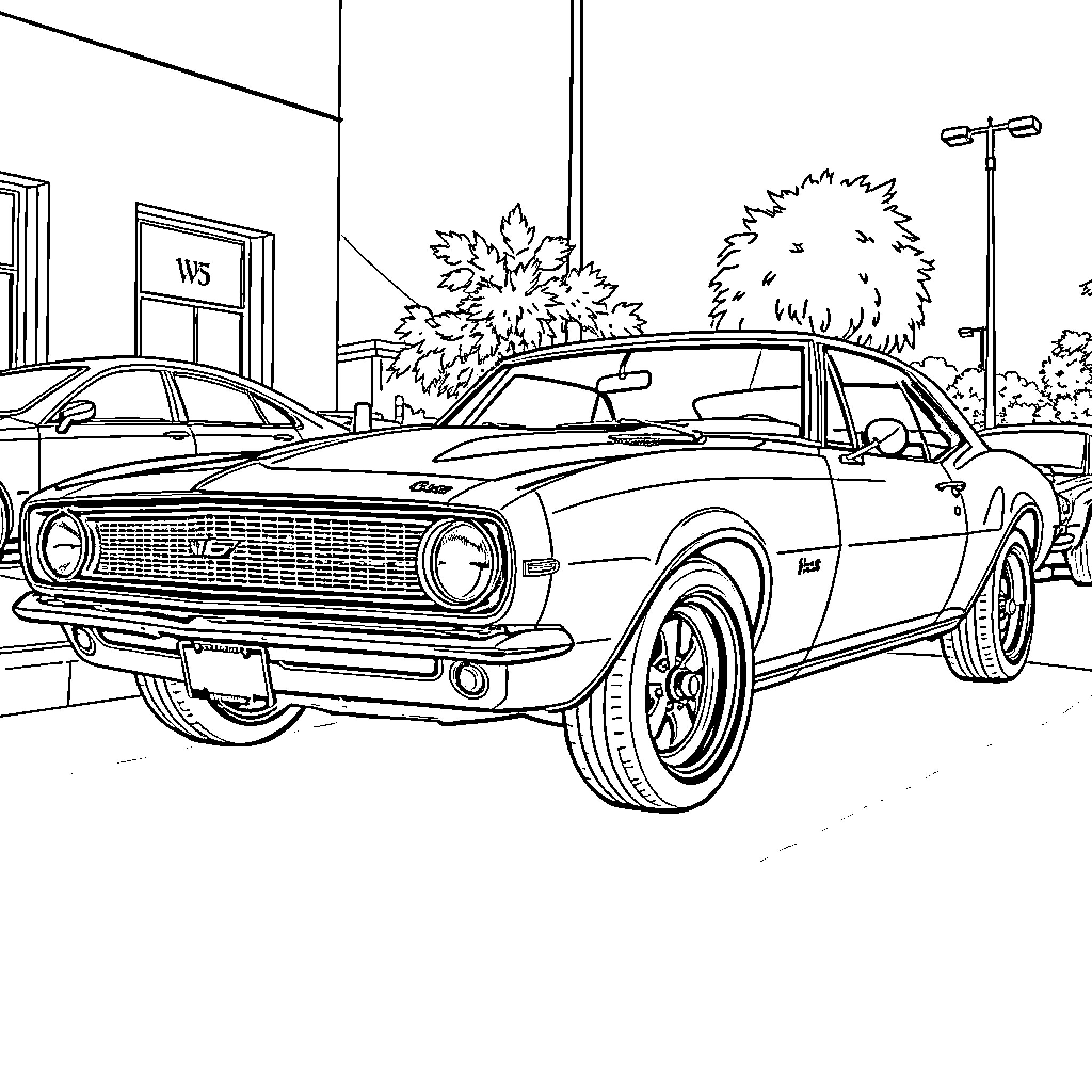 Camaro parked in front of building Coloring Page (free black-and-white line drawing printable PDF for all, from beginners to advanced learners, including children, teens, adults, and seniors)