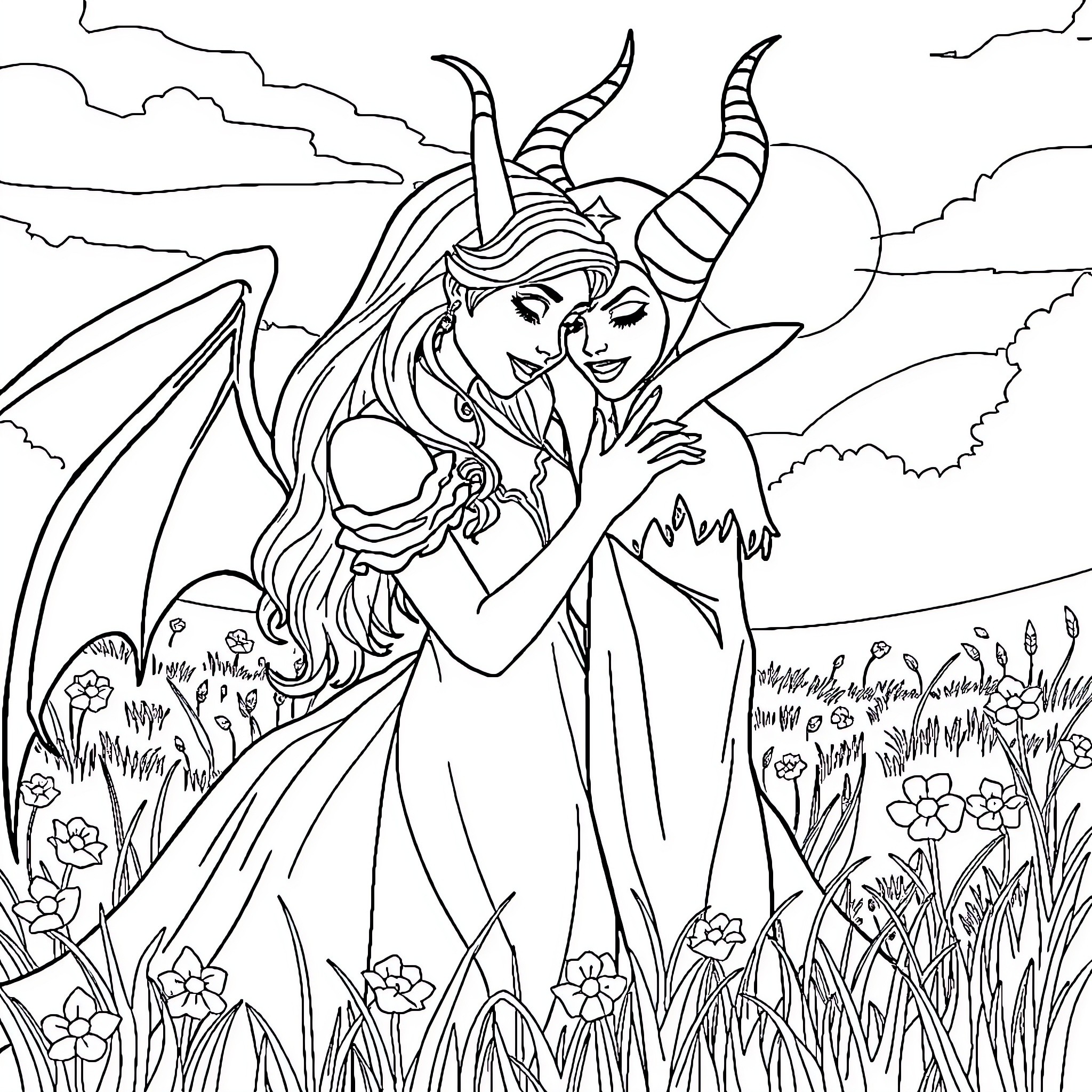 Aurora and her Demonic Companion Enjoying the Outdoors Coloring Page (free black-and-white line drawing printable PDF for all, from beginners to advanced learners, including children, teens, adults, and seniors)
