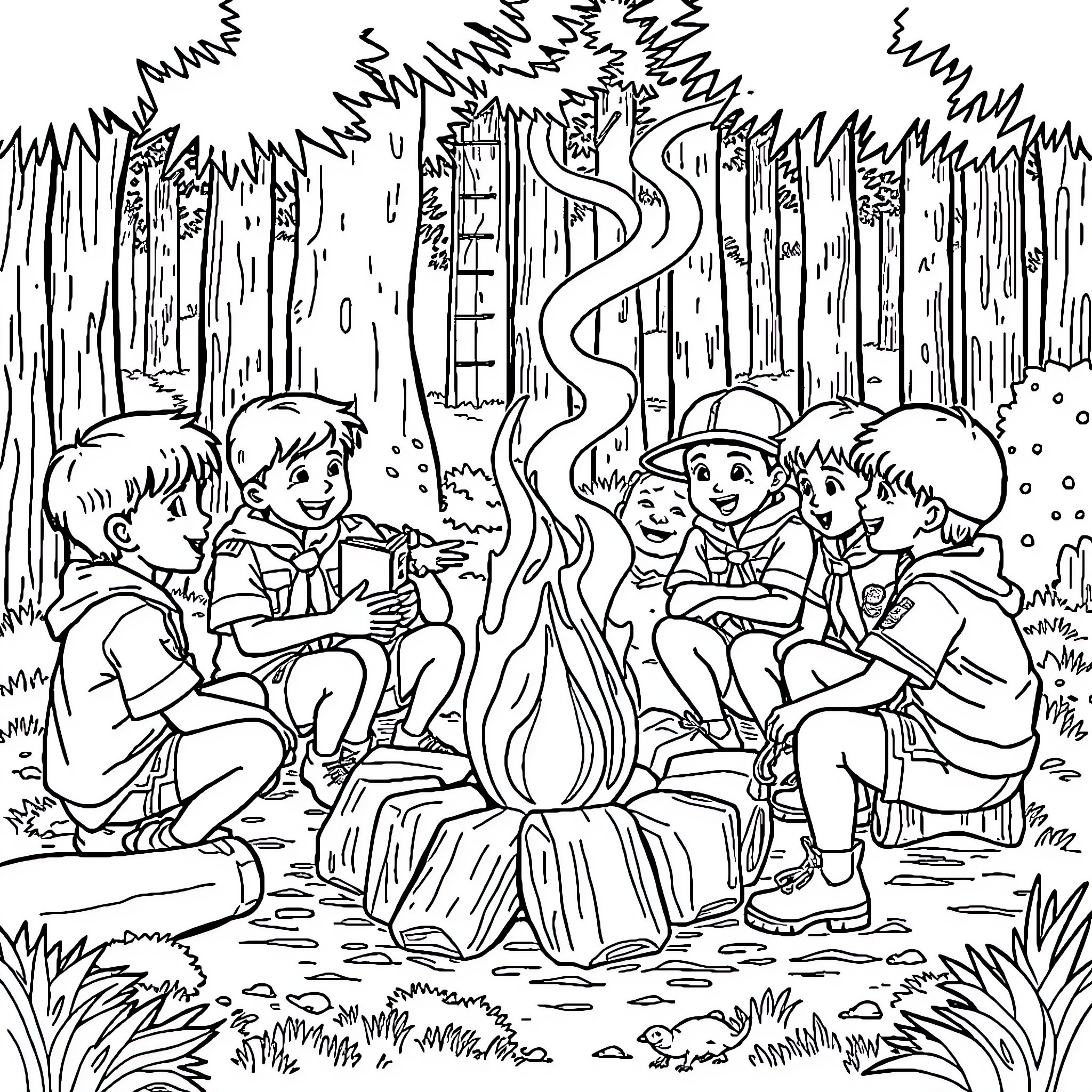 Cub Scouts Gathered Around Campfire in the Woods Coloring Page (free black-and-white line drawing printable PDF for all, from beginners to advanced learners, including children, teens, adults, and seniors)