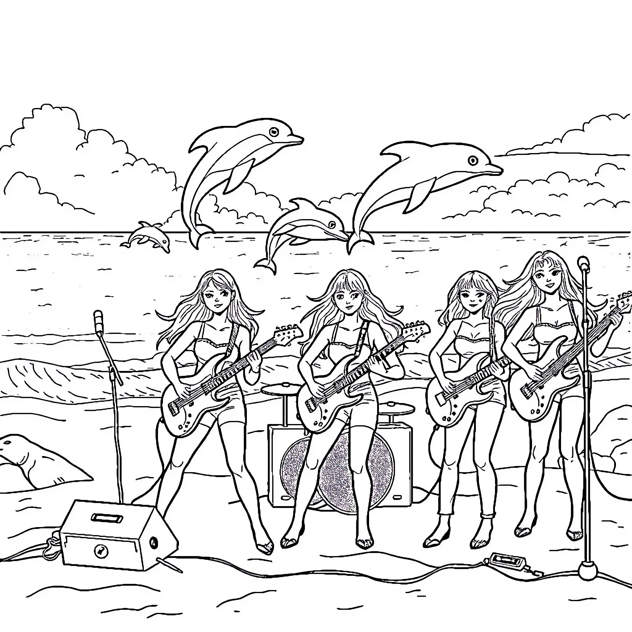 Girl band performing on the beach with dolphins Coloring Page (free black-and-white line drawing printable PDF for all, from beginners to advanced learners, including children, teens, adults, and seniors)