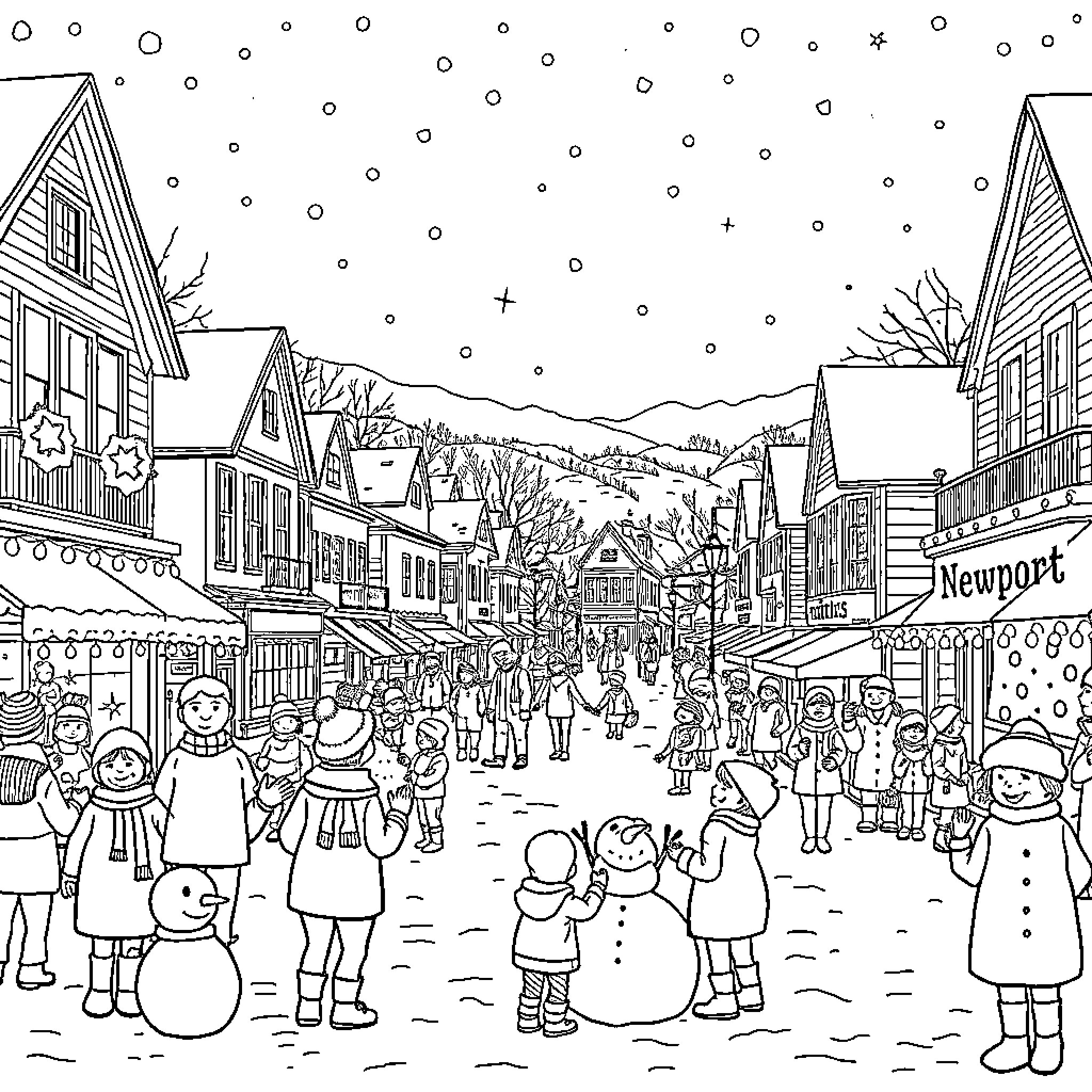 Town bustling with winter festivities and snow Coloring Page (free black-and-white line drawing printable PDF for all, from beginners to advanced learners, including children, teens, adults, and seniors)