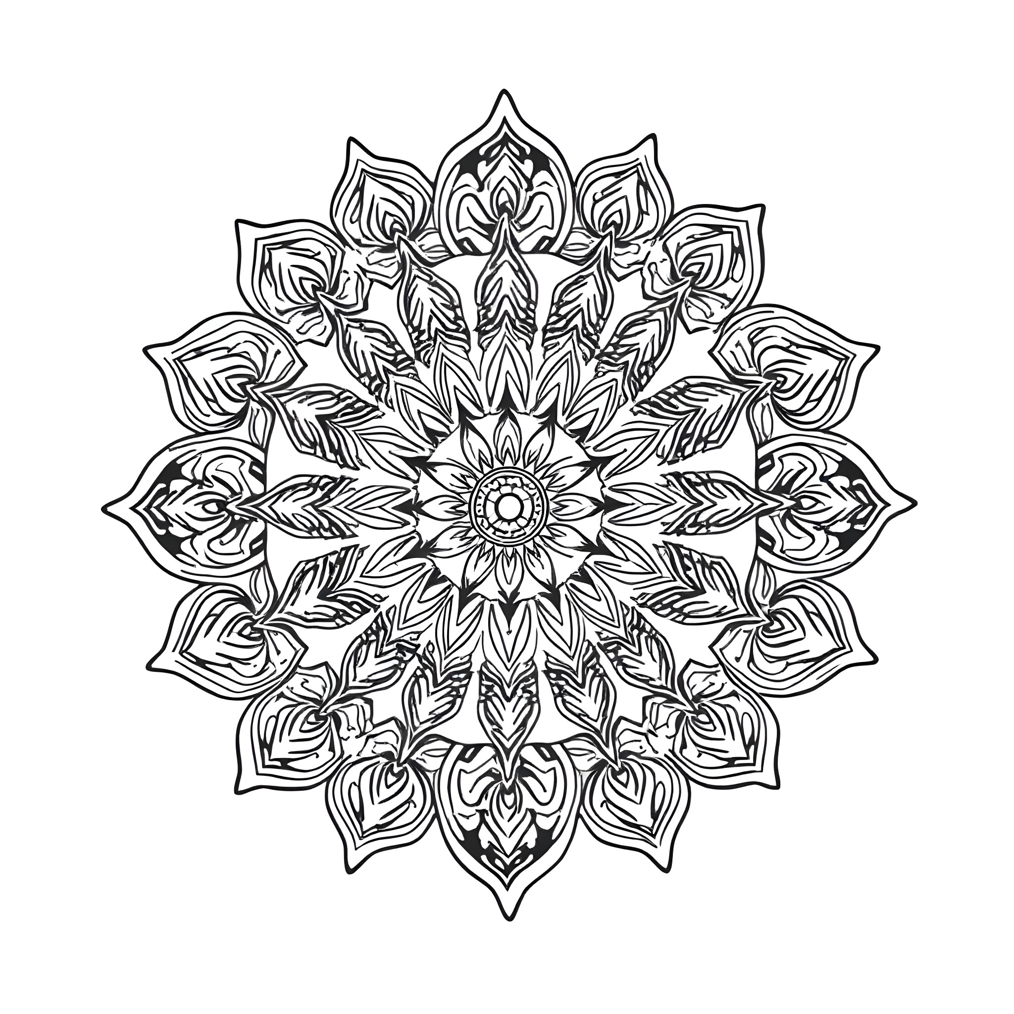 Mandala with intricate floral and geometric patterns Coloring Page (free black-and-white line drawing printable PDF for all, from beginners to advanced learners, including children, teens, adults, and seniors)