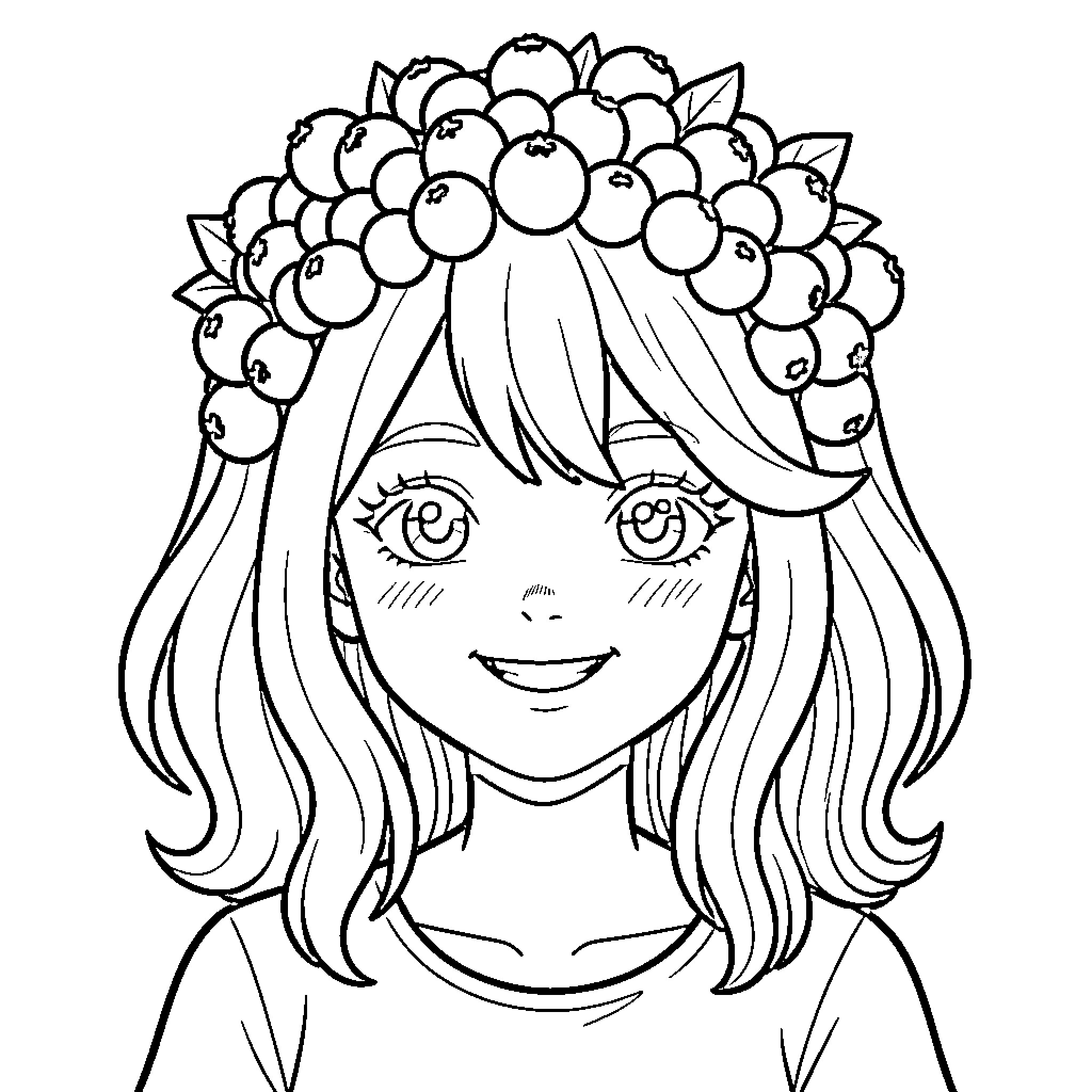 Blueberry Girl with a Flower Crown Smiling Happily Coloring Page (free black-and-white line drawing printable PDF for all, from beginners to advanced learners, including children, teens, adults, and seniors)