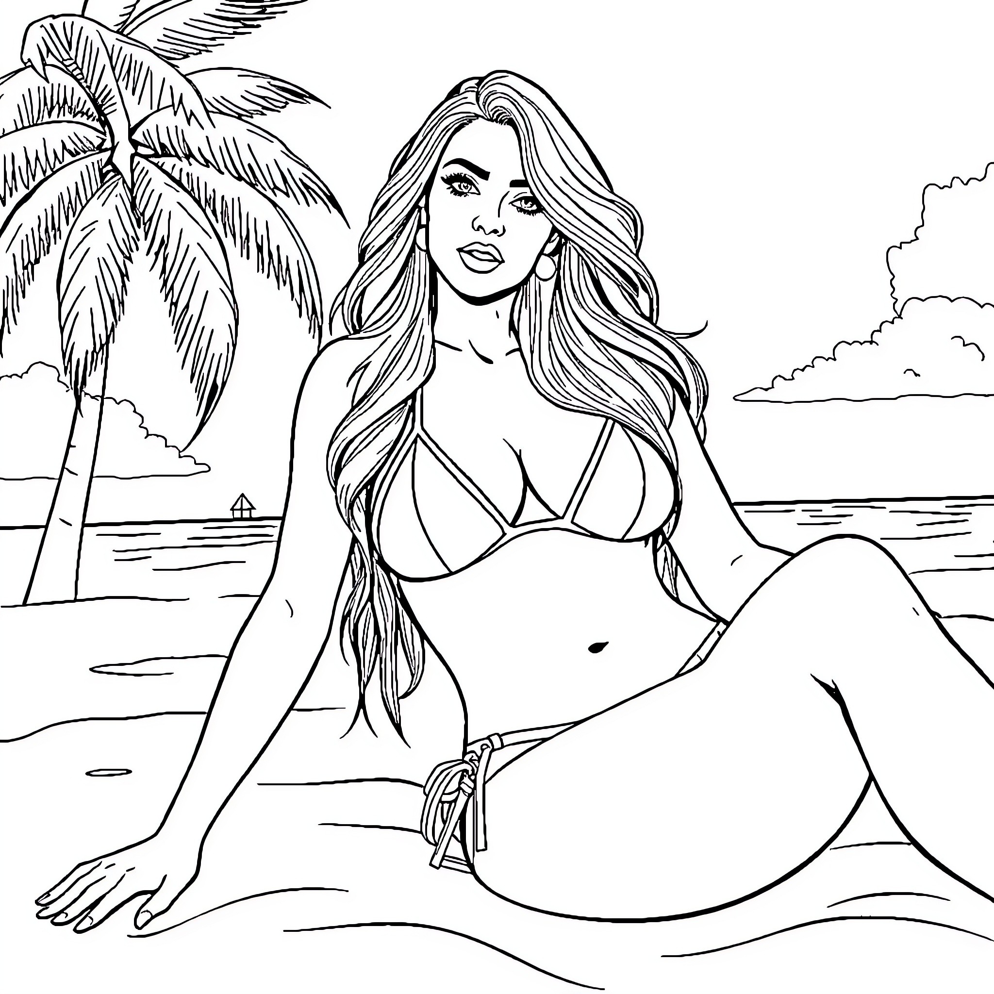 Kim Kardashian Relaxing on a Tropical Beach Coloring Page (free black-and-white line drawing printable PDF for all, from beginners to advanced learners, including children, teens, adults, and seniors)
