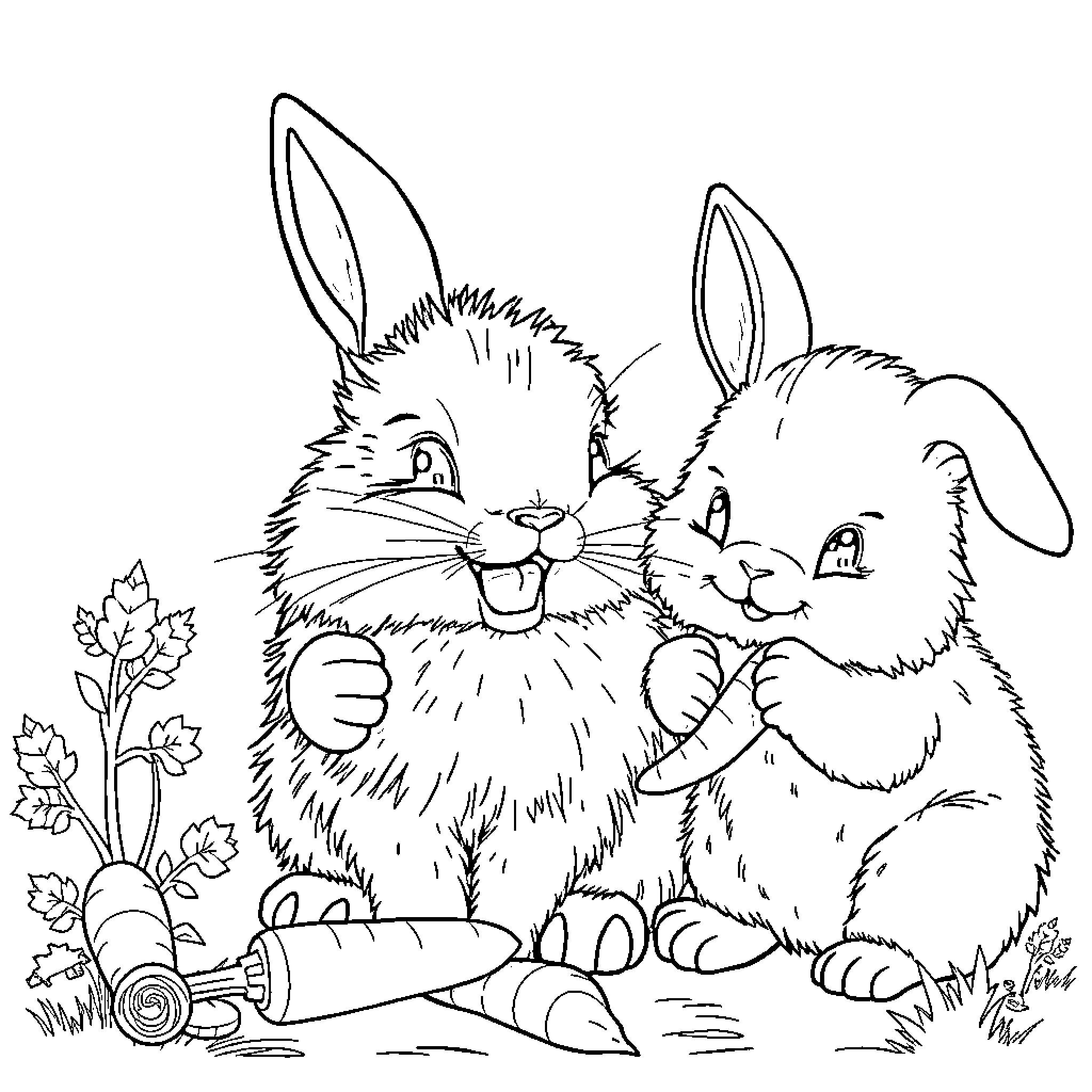 Bunny friends playing in the garden Coloring Page (free black-and-white line drawing printable PDF for all, from beginners to advanced learners, including children, teens, adults, and seniors)