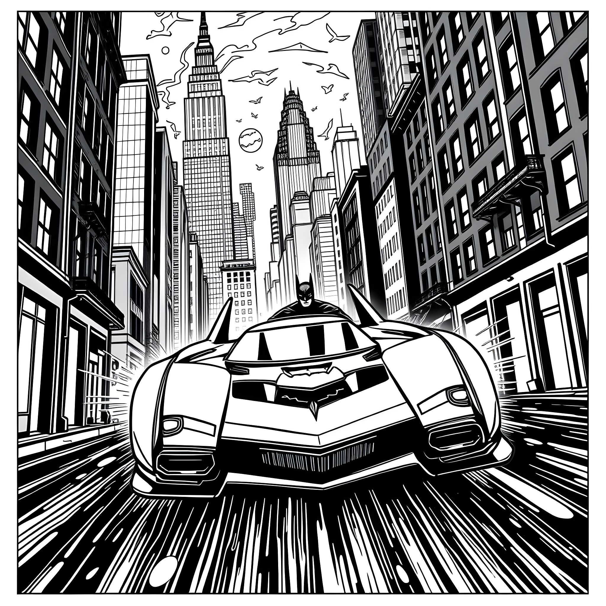 Bat Mobile speeding through New York City Coloring Page (free black-and-white line drawing printable PDF for all, from beginners to advanced learners, including children, teens, adults, and seniors)