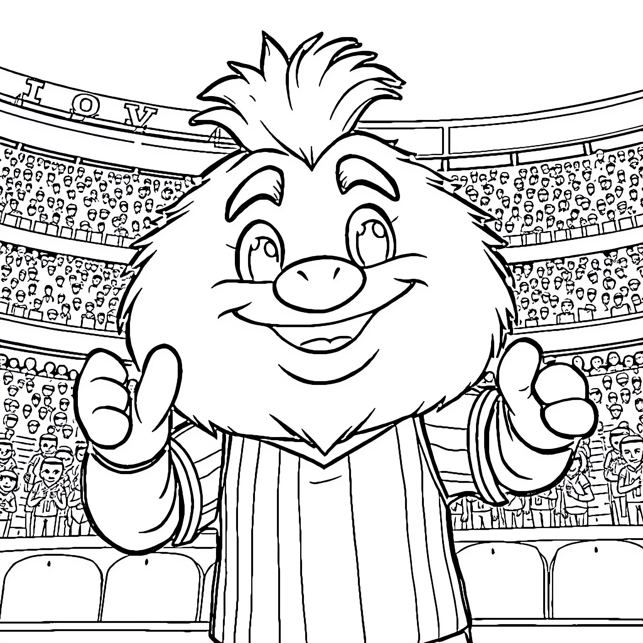 Brutus Buckeye Cheering Enthusiastically at a Stadium Coloring Page (free black-and-white line drawing printable PDF for all, from beginners to advanced learners, including children, teens, adults, and seniors)
