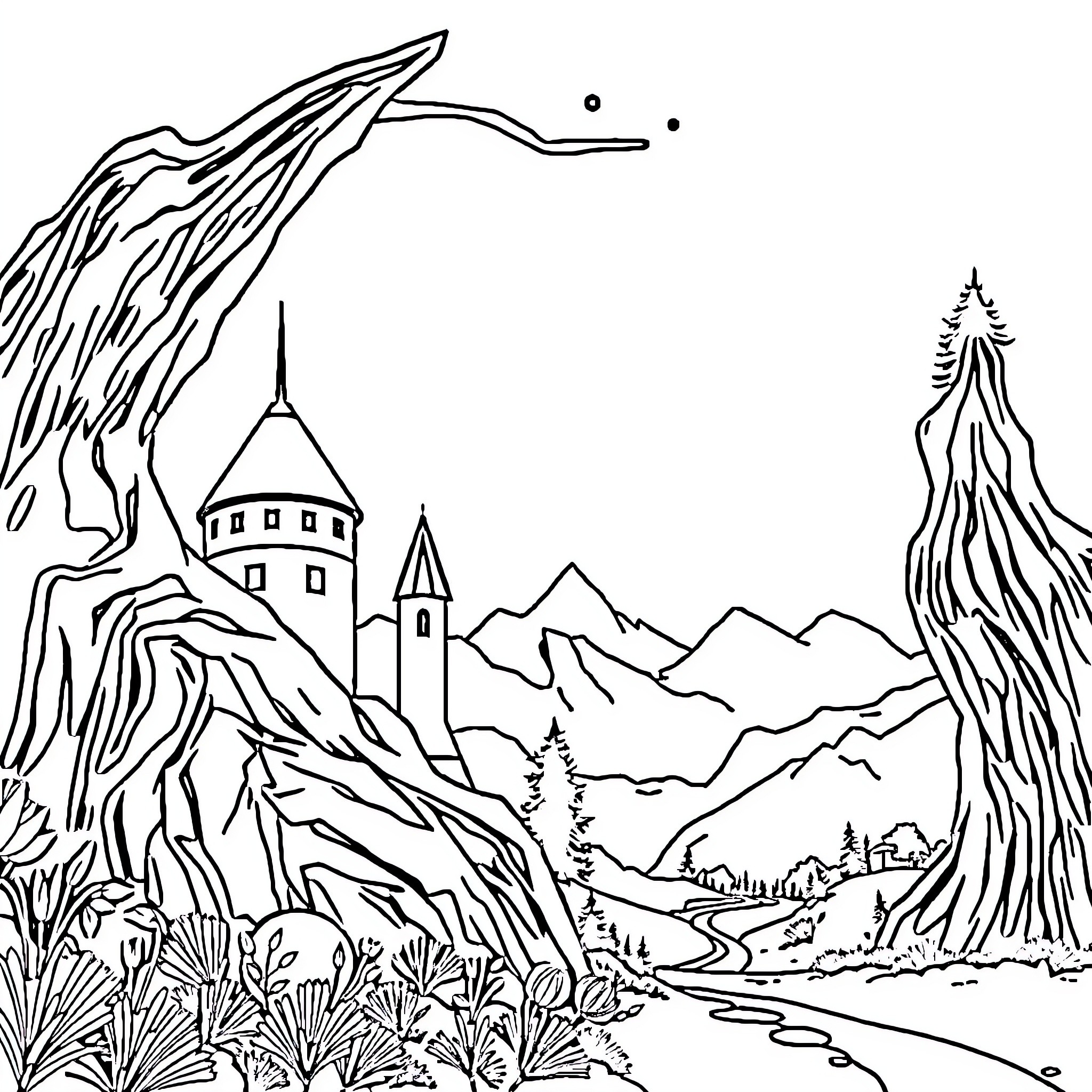 Video of a fantasy mountain landscape with a castle Coloring Page (free black-and-white line drawing printable PDF for all, from beginners to advanced learners, including children, teens, adults, and seniors)