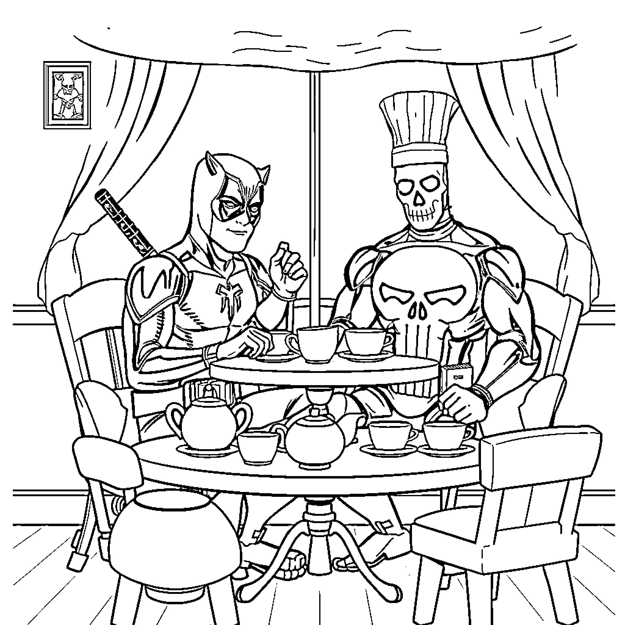 Daredevil and Punisher share tea and conversation Coloring Page (free black-and-white line drawing printable PDF for all, from beginners to advanced learners, including children, teens, adults, and seniors)