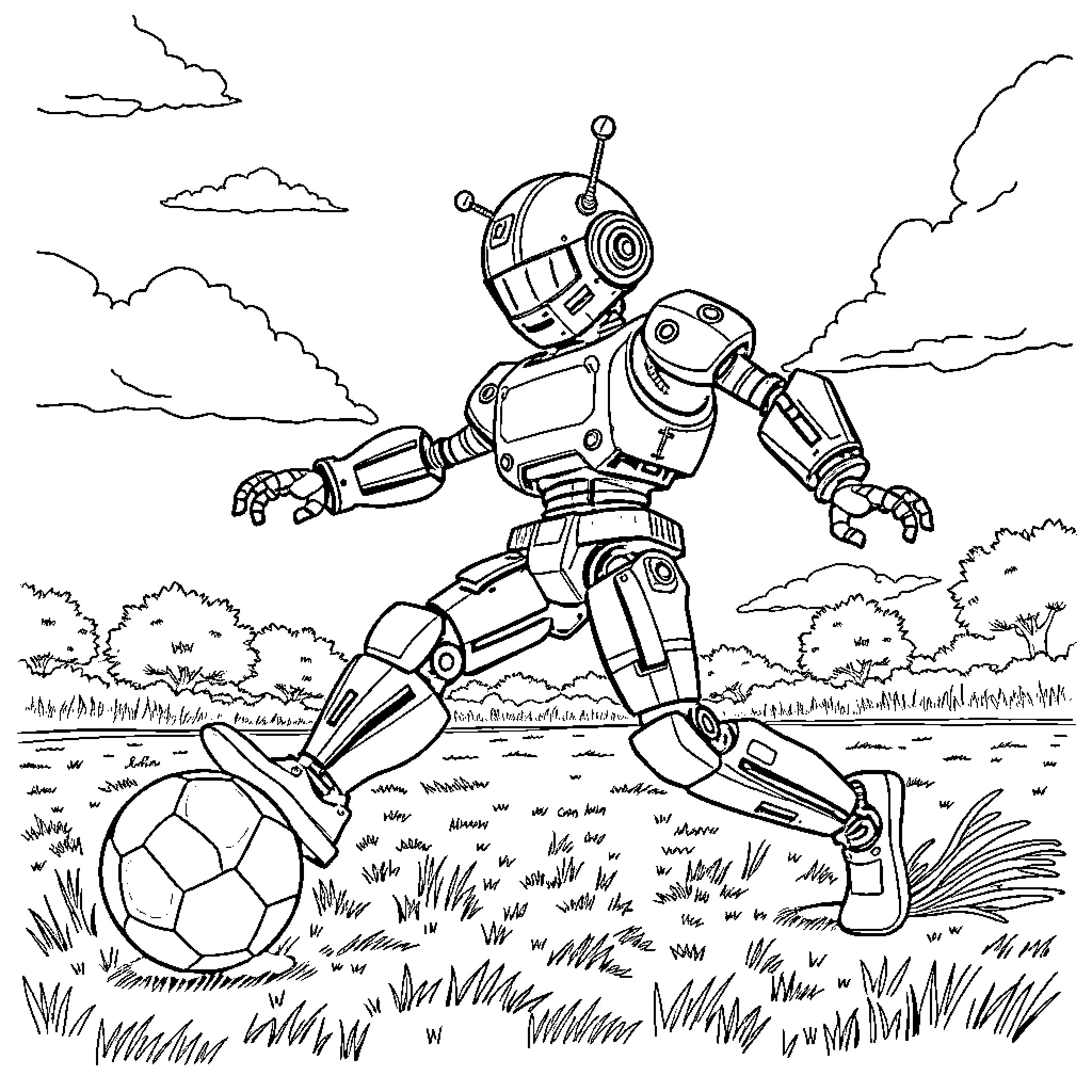 Robot Playing Soccer in a Field Coloring Page (free black-and-white line drawing printable PDF for all, from beginners to advanced learners, including children, teens, adults, and seniors)