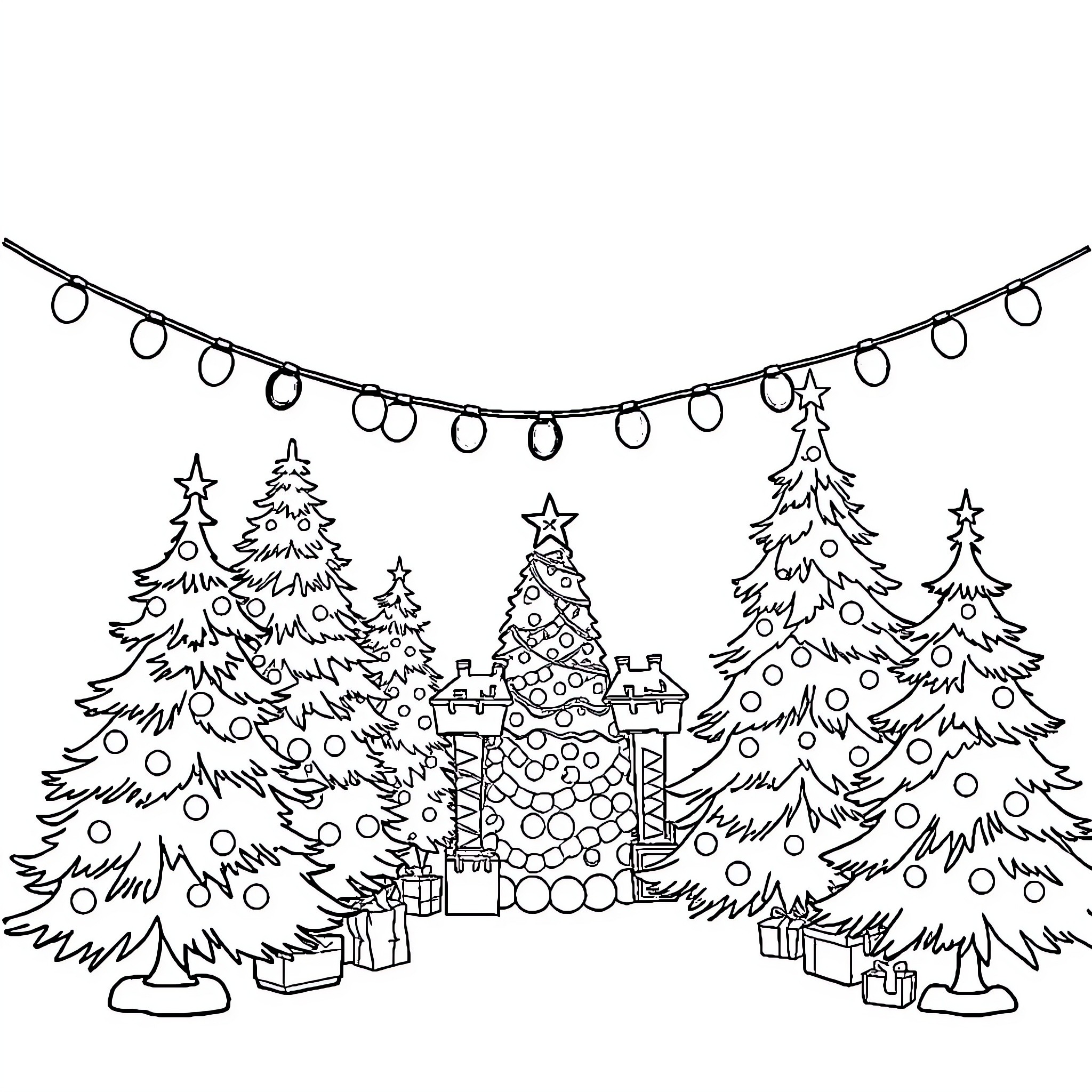 Christmas scene with festive decor and trees Coloring Page (free black-and-white line drawing printable PDF for all, from beginners to advanced learners, including children, teens, adults, and seniors)