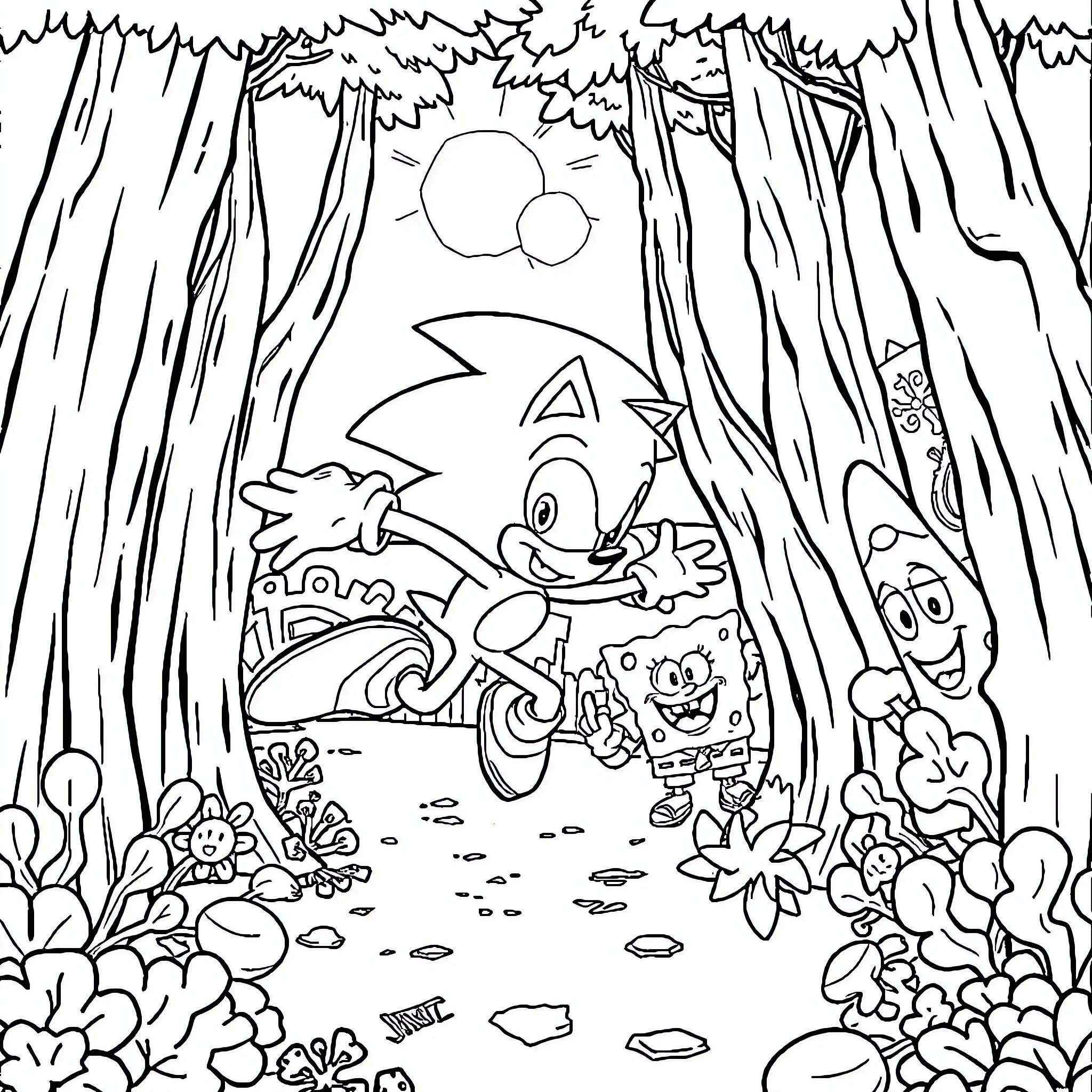 Sonic's Adventurous Journey in the Enchanted Forest Coloring Page (free black-and-white line drawing printable PDF for all, from beginners to advanced learners, including children, teens, adults, and seniors)