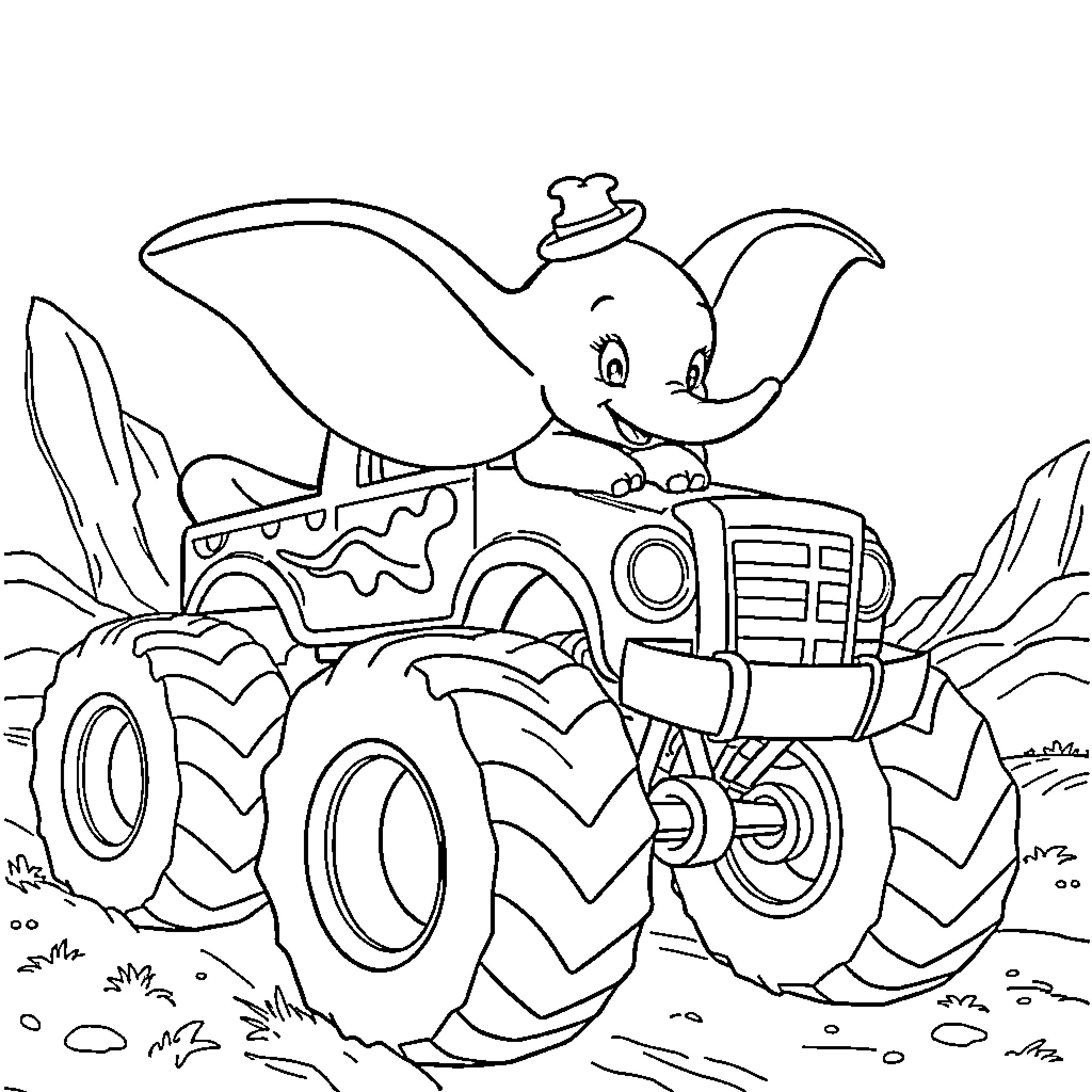 Dumbo driving a colorful monster truck Coloring Page (free black-and-white line drawing printable PDF for all, from beginners to advanced learners, including children, teens, adults, and seniors)