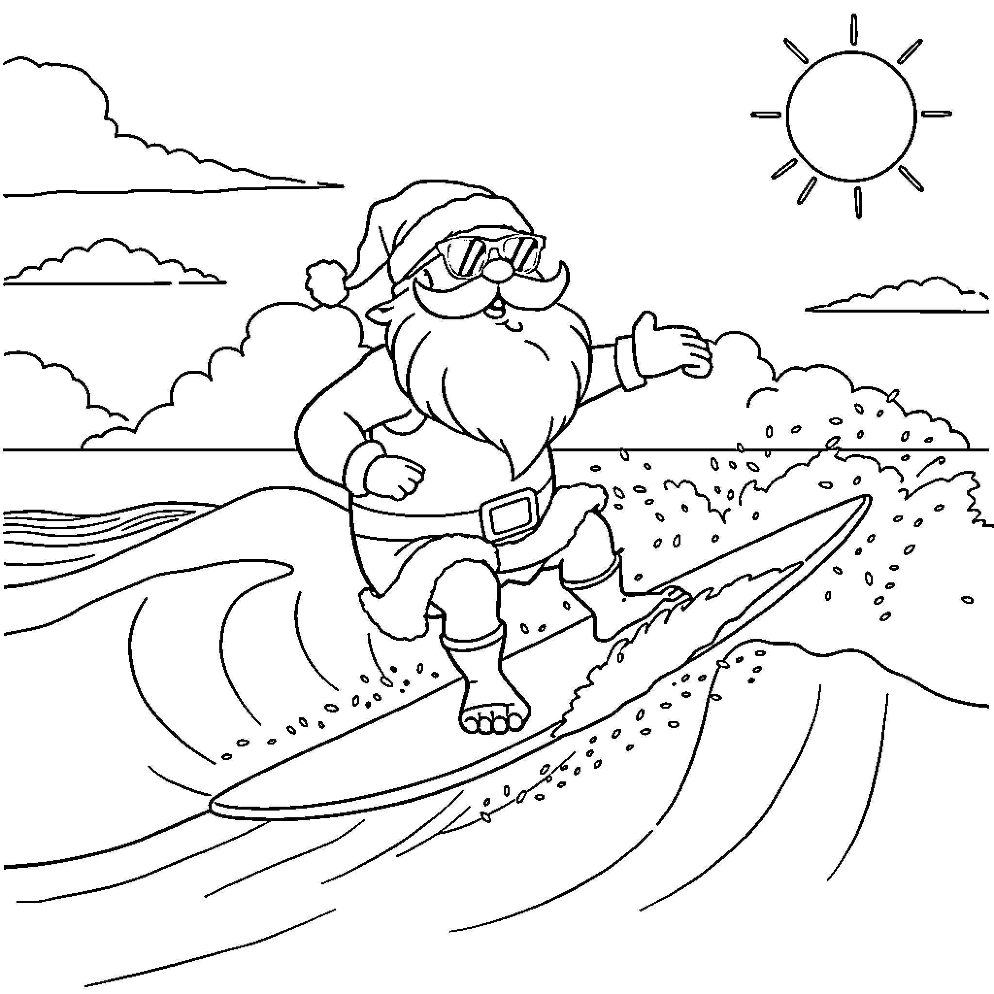 Santa Surfing Joyfully in the Sunny Waves Coloring Page (free black-and-white line drawing printable PDF for all, from beginners to advanced learners, including children, teens, adults, and seniors)