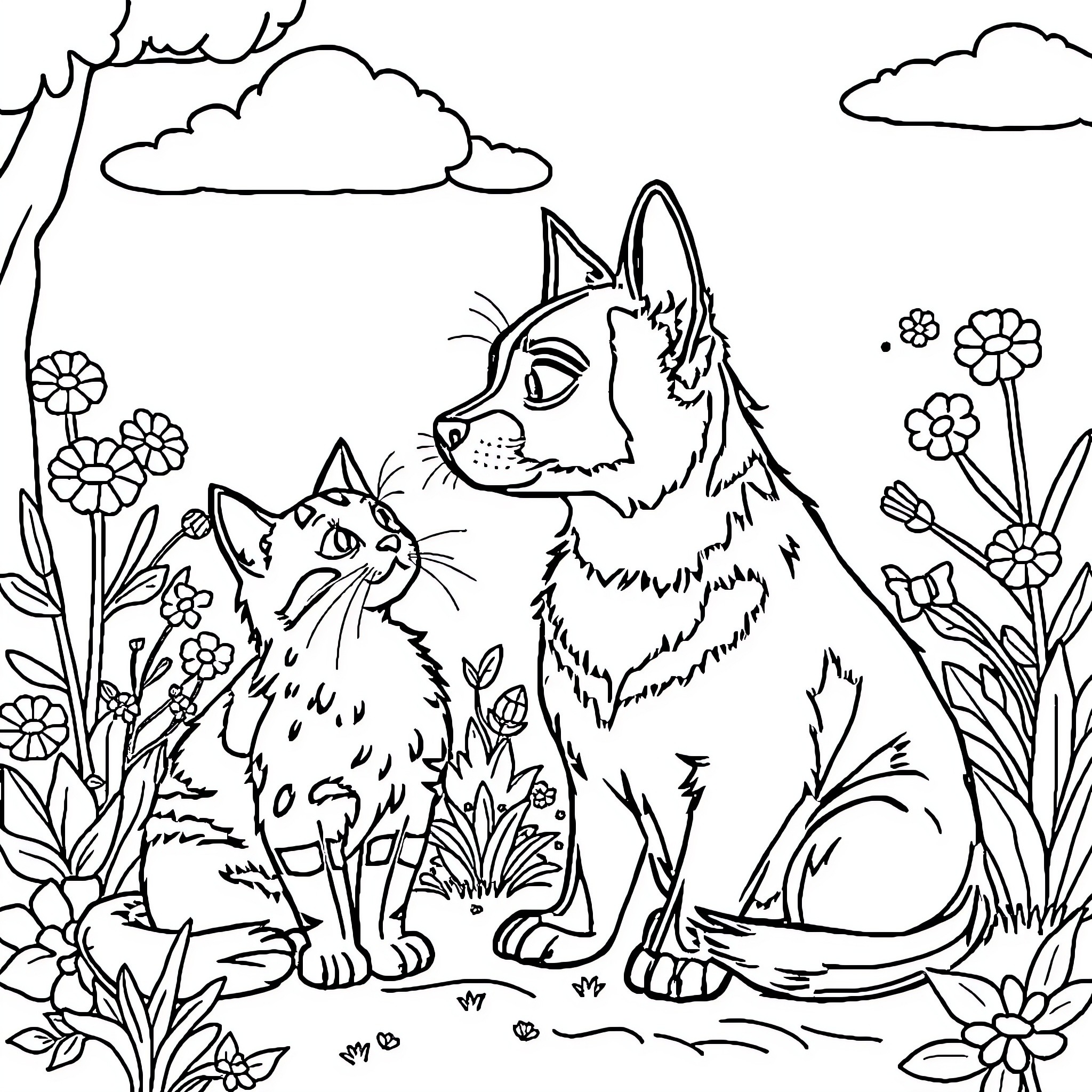 Perro y gato disfrutando de un día soleado en el parque Coloring Page (free black-and-white line drawing printable PDF for all, from beginners to advanced learners, including children, teens, adults, and seniors)