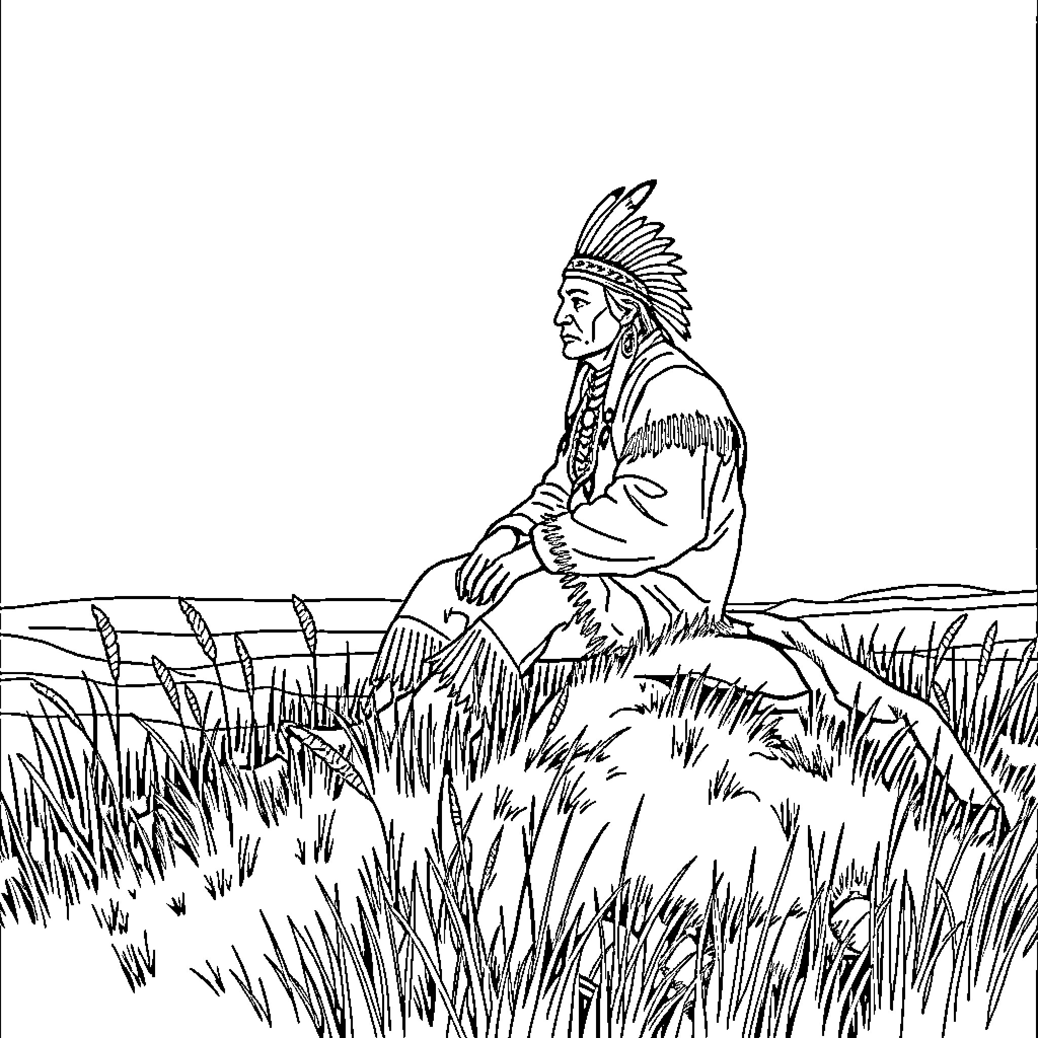 Sitting Bull in traditional attire resting in a grassy field Coloring Page (free black-and-white line drawing printable PDF for all, from beginners to advanced learners, including children, teens, adults, and seniors)