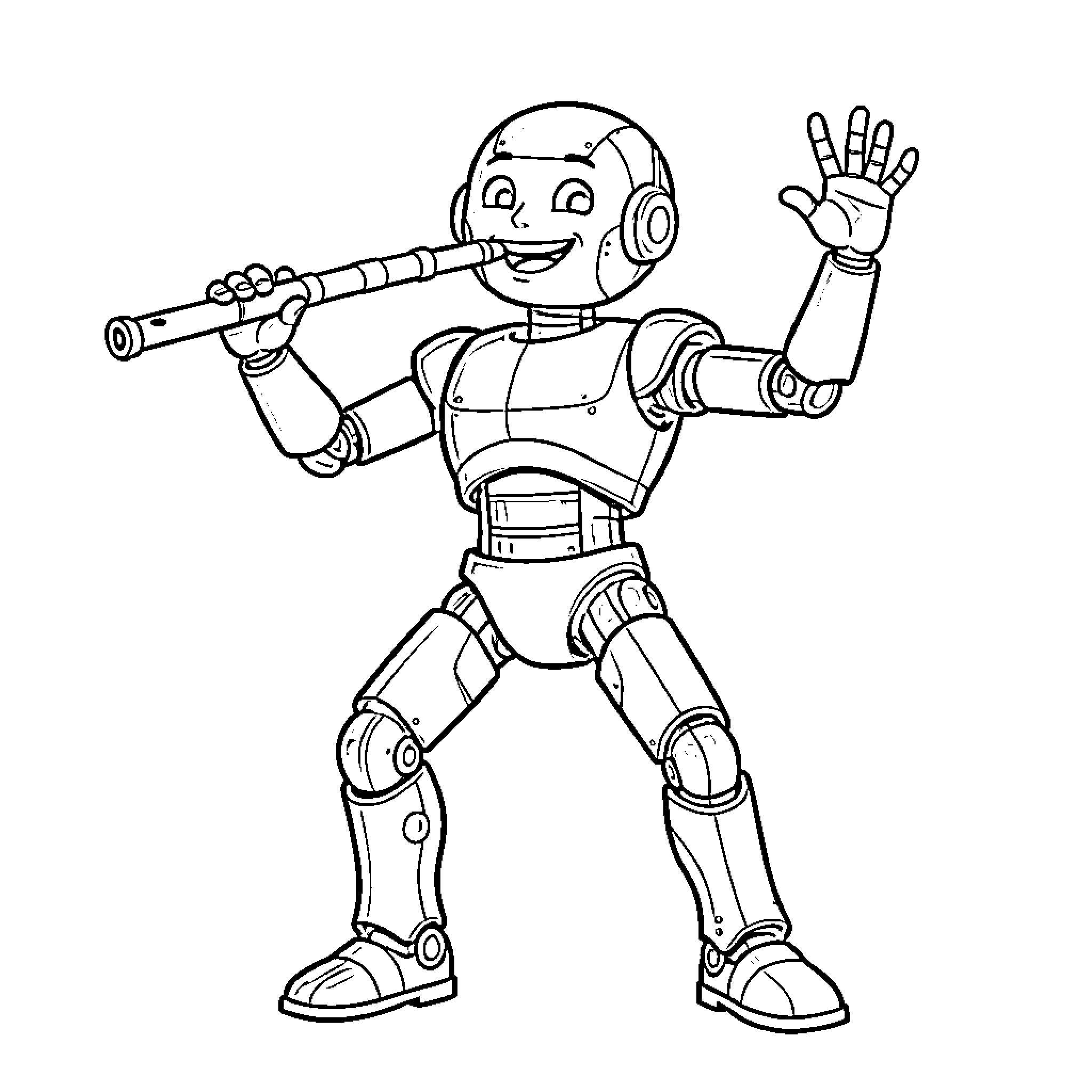 Robot playing musical instrument happily Coloring Page (free black-and-white line drawing printable PDF for all, from beginners to advanced learners, including children, teens, adults, and seniors)