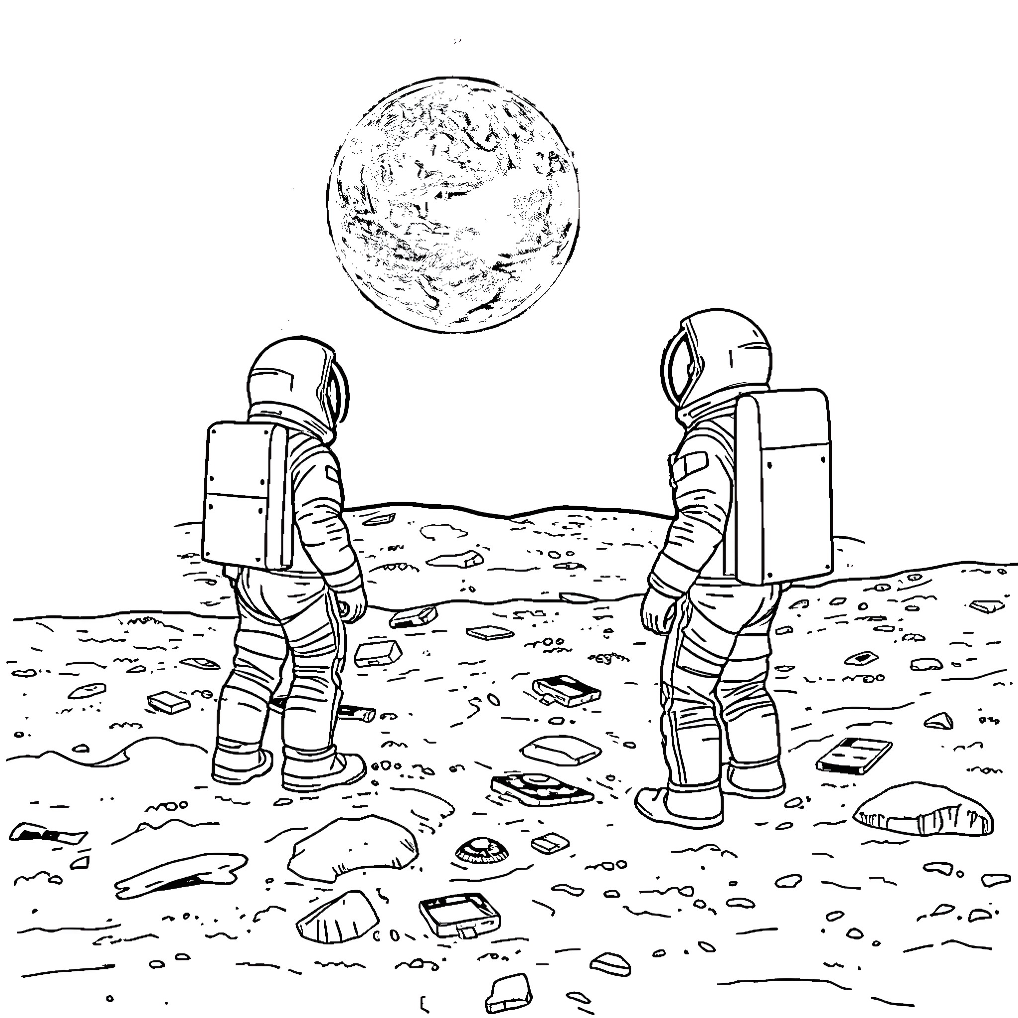 Astronauts exploring the lunar surface Coloring Page (free black-and-white line drawing printable PDF for all, from beginners to advanced learners, including children, teens, adults, and seniors)