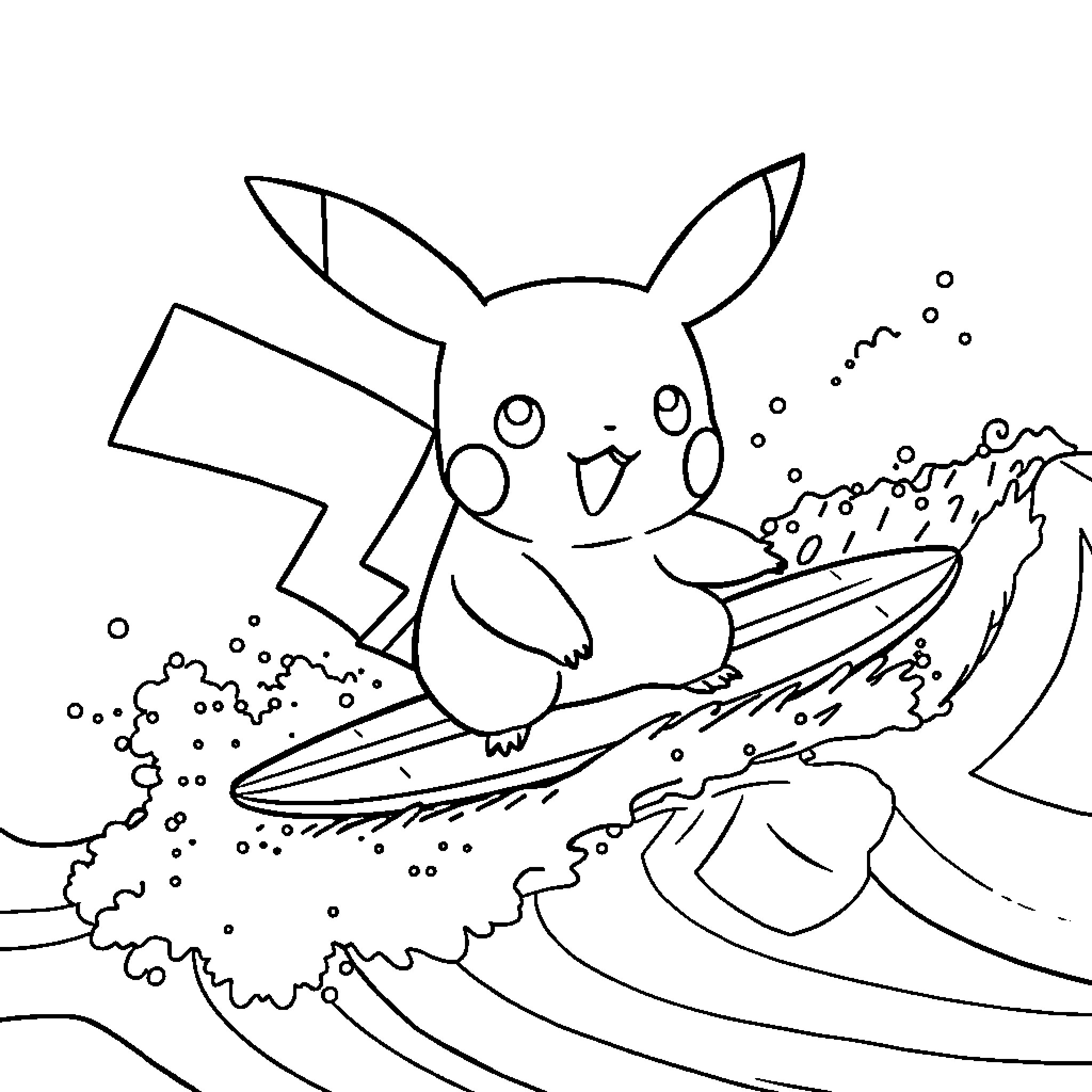 Pikachu surfing on a wave Coloring Page (free black-and-white line drawing printable PDF for all, from beginners to advanced learners, including children, teens, adults, and seniors)