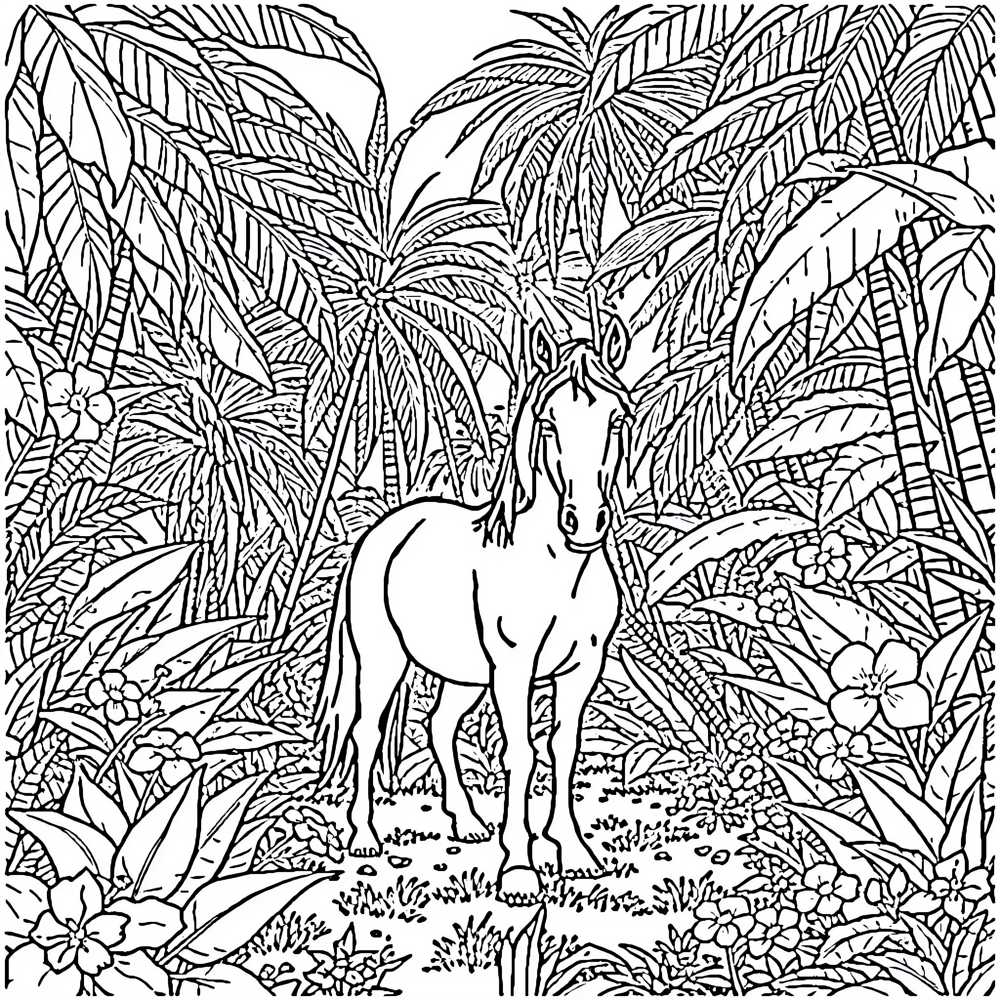 Horse standing in lush tropical foliage Coloring Page (free black-and-white line drawing printable PDF for all, from beginners to advanced learners, including children, teens, adults, and seniors)