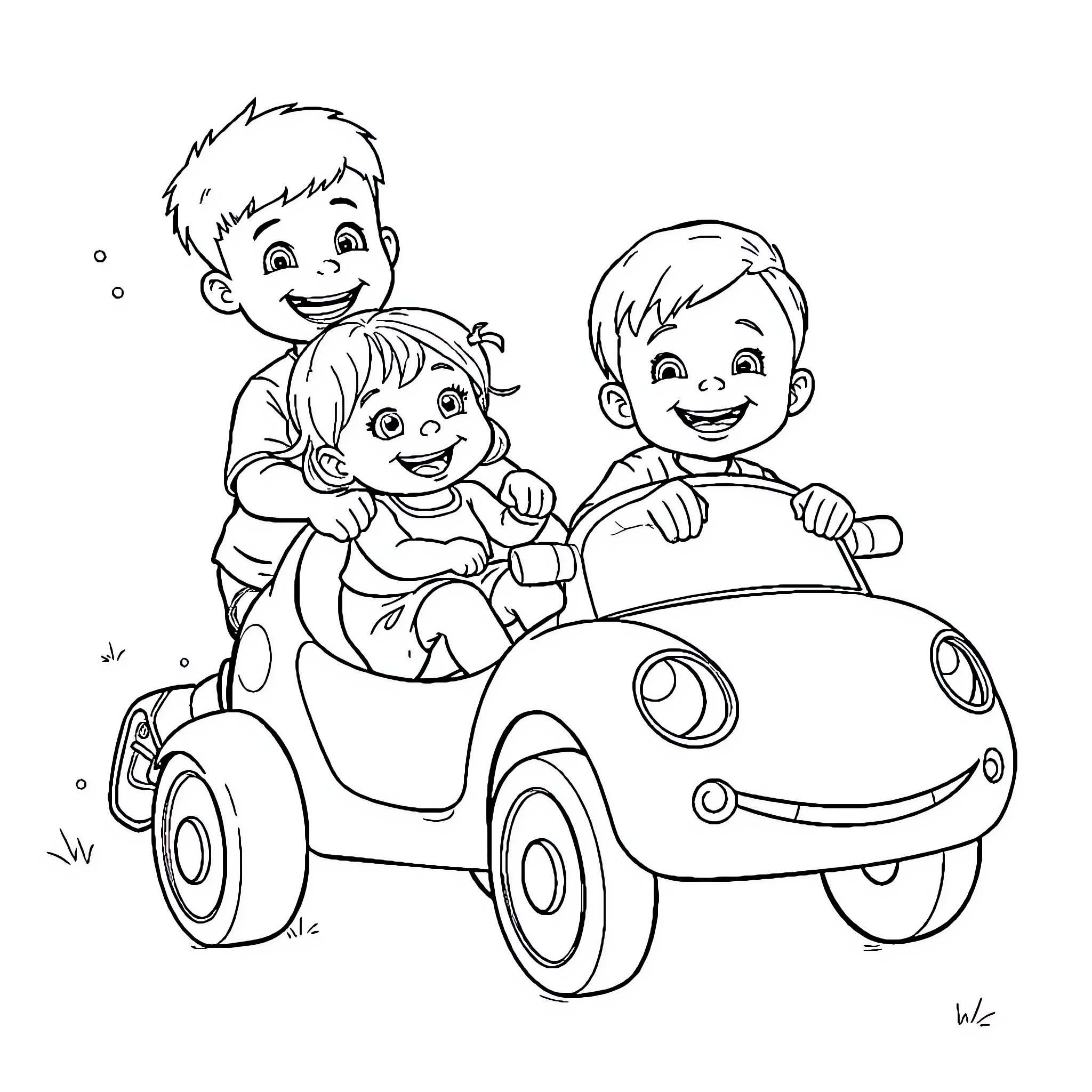 Girl and Boys Riding Toy Car Happily Coloring Page (free black-and-white line drawing printable PDF for all, from beginners to advanced learners, including children, teens, adults, and seniors)