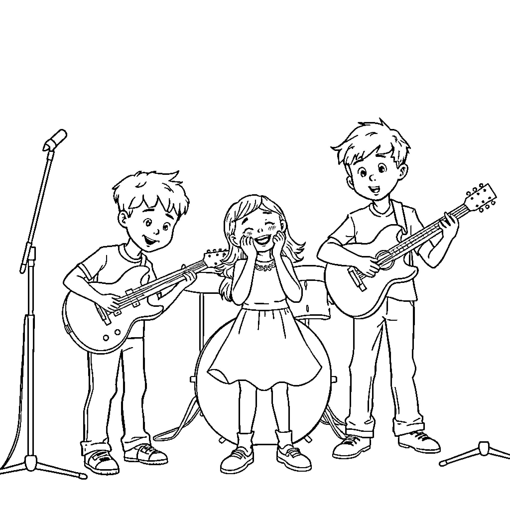 Band of Young Musicians Performing Coloring Page (free black-and-white line drawing printable PDF for all, from beginners to advanced learners, including children, teens, adults, and seniors)