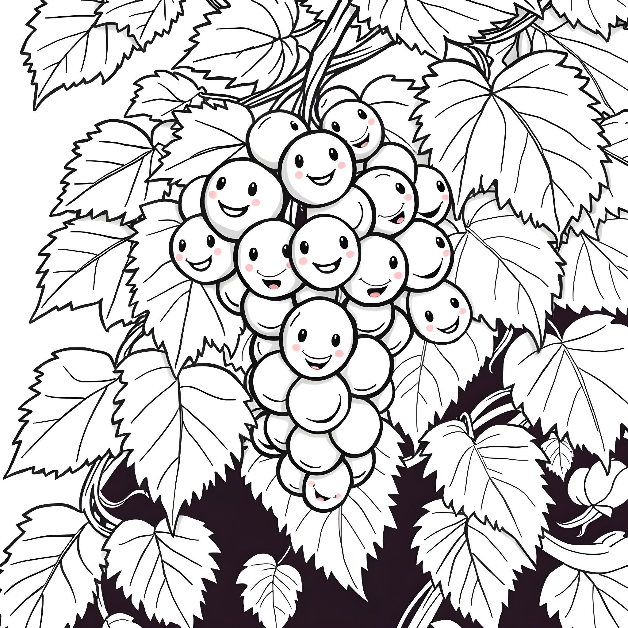 Grape cluster with smiling faces amid lush foliage Coloring Page (free black-and-white line drawing printable PDF for all, from beginners to advanced learners, including children, teens, adults, and seniors)