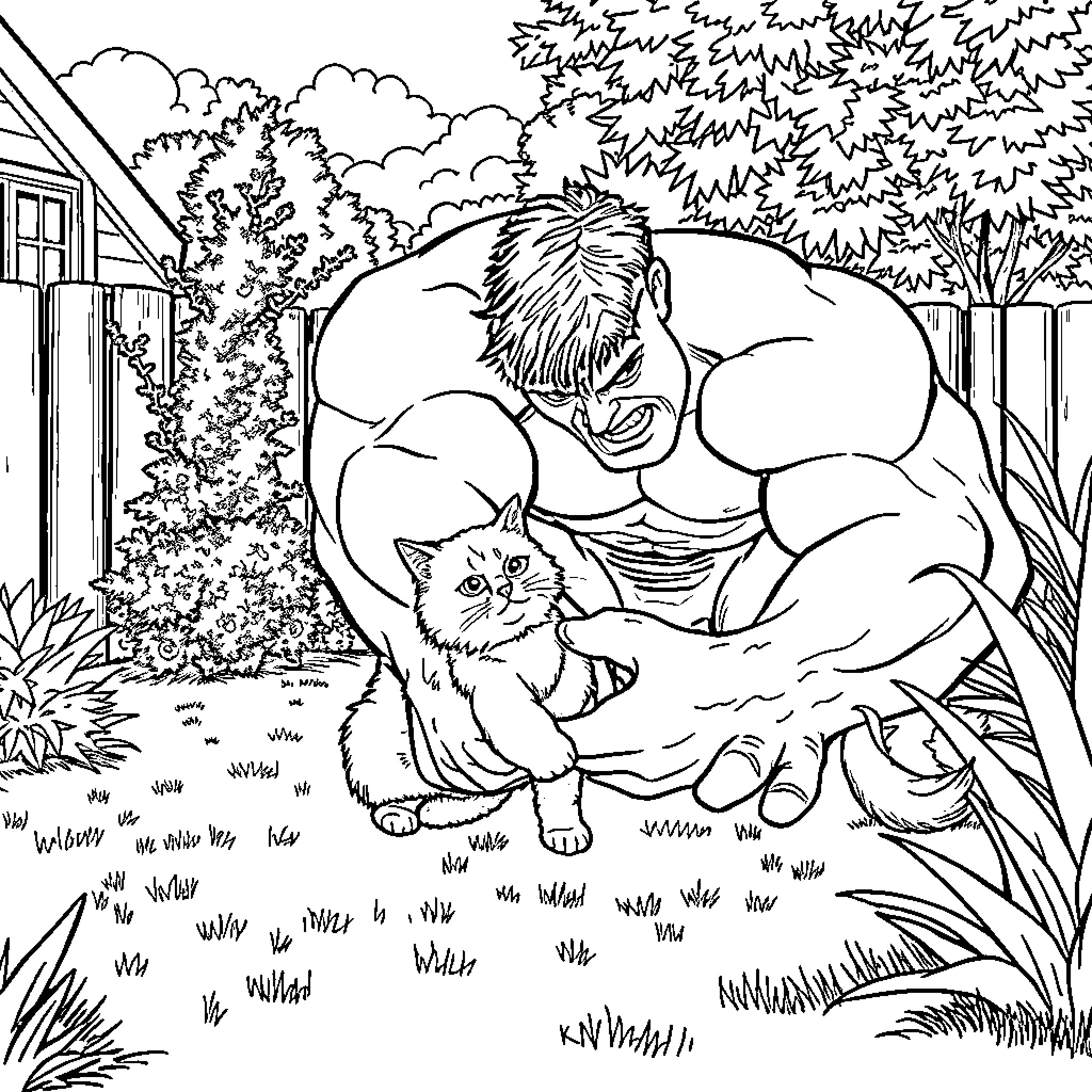 Hulk Rescues Tiny Kitten in the Backyard Coloring Page (free black-and-white line drawing printable PDF for all, from beginners to advanced learners, including children, teens, adults, and seniors)