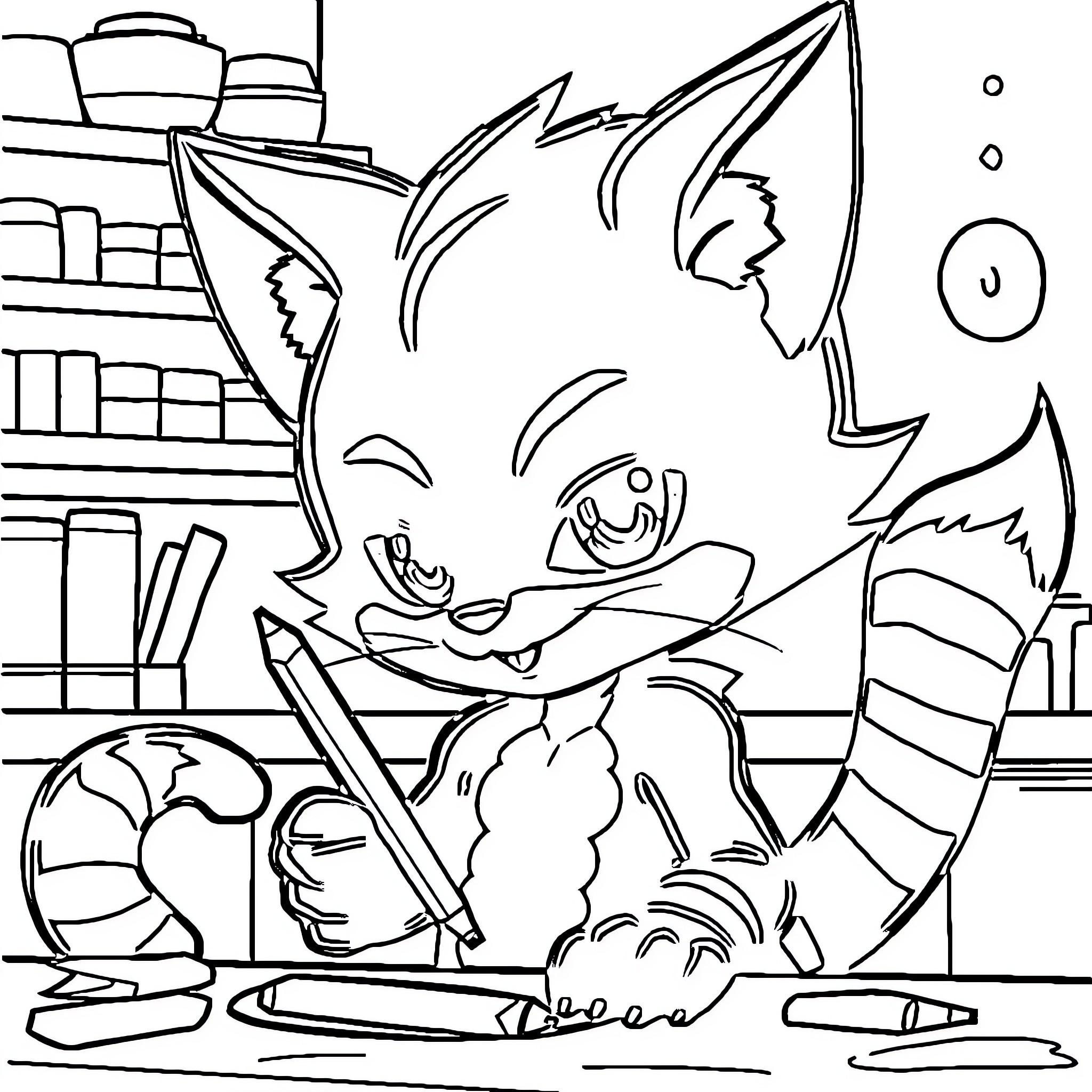 Zorro's Mischievous Adventure in the Bookshop Coloring Page (free black-and-white line drawing printable PDF for all, from beginners to advanced learners, including children, teens, adults, and seniors)