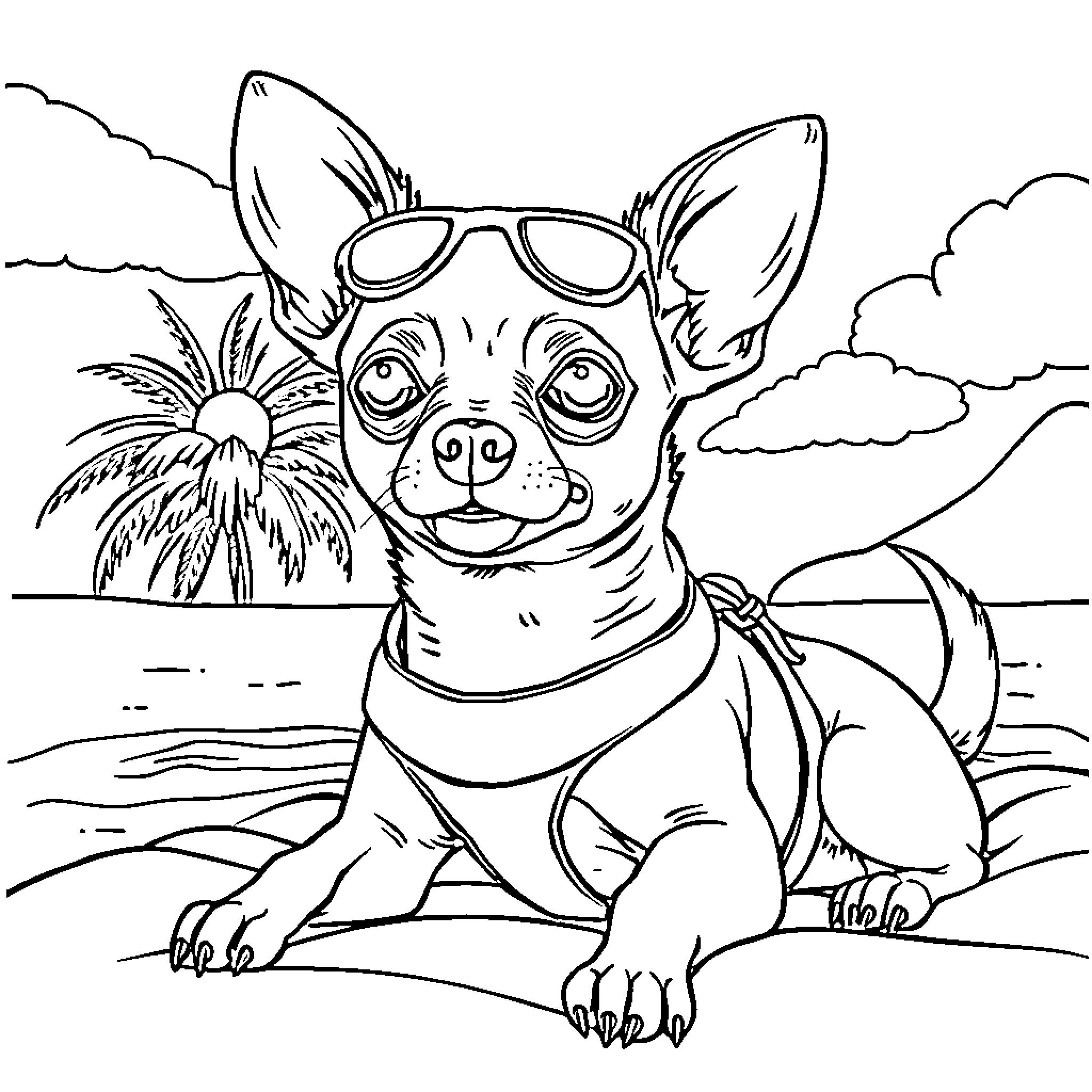 Chihuahua relaxing on the beach with sunglasses Coloring Page (free black-and-white line drawing printable PDF for all, from beginners to advanced learners, including children, teens, adults, and seniors)