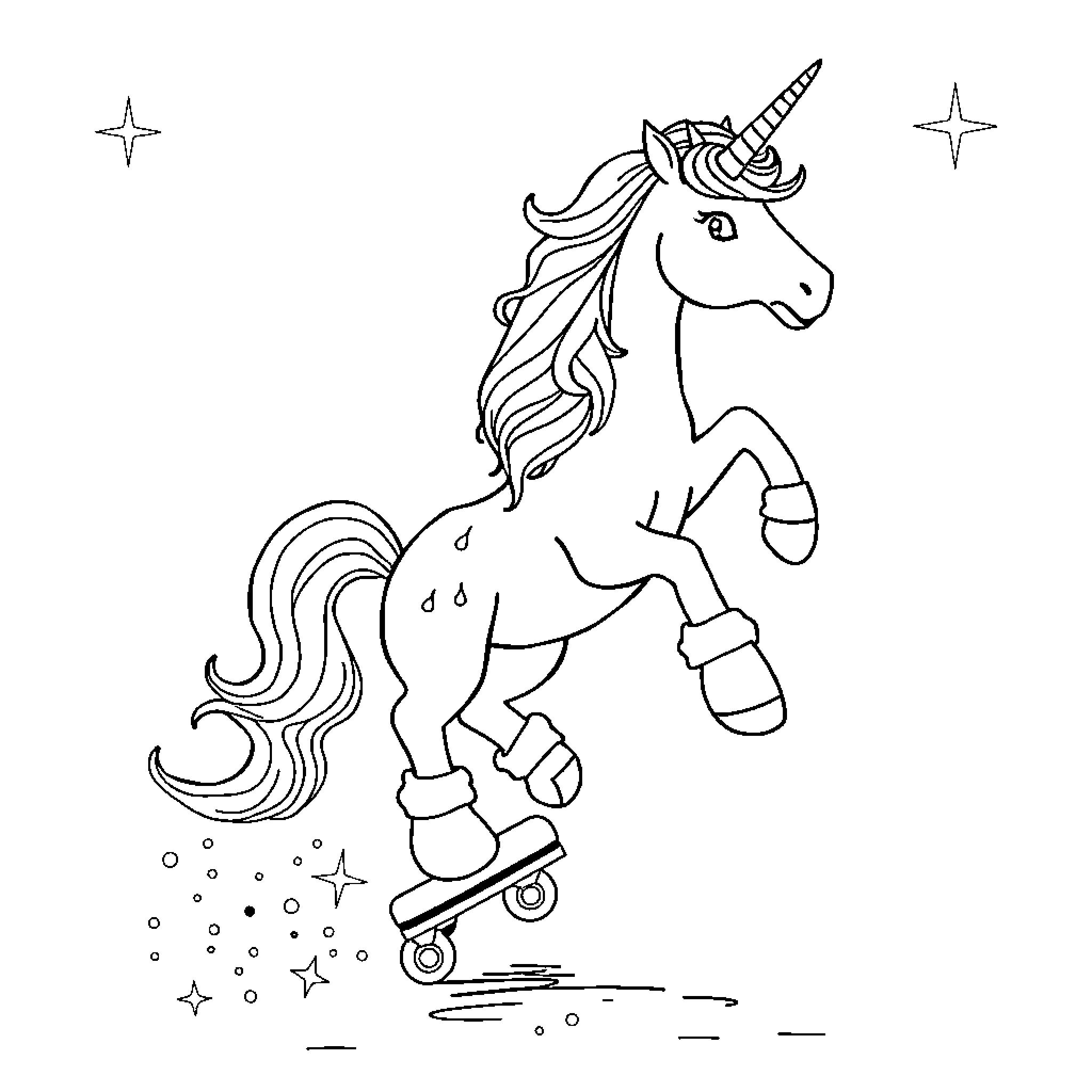 Unicorn riding a skateboard with stars Coloring Page (free black-and-white line drawing printable PDF for all, from beginners to advanced learners, including children, teens, adults, and seniors)
