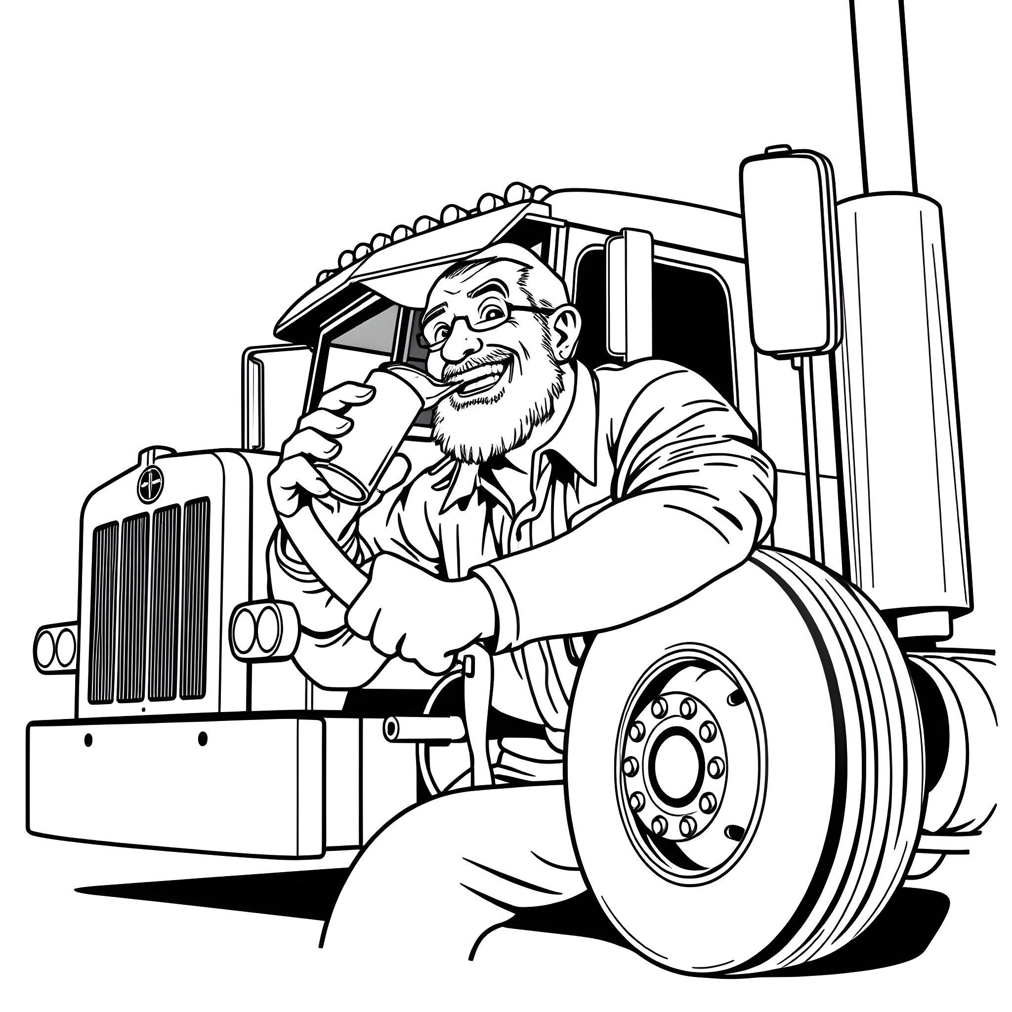 Happy Gilmore Driving a Big Rig Truck with a Smile Coloring Page (free black-and-white line drawing printable PDF for all, from beginners to advanced learners, including children, teens, adults, and seniors)