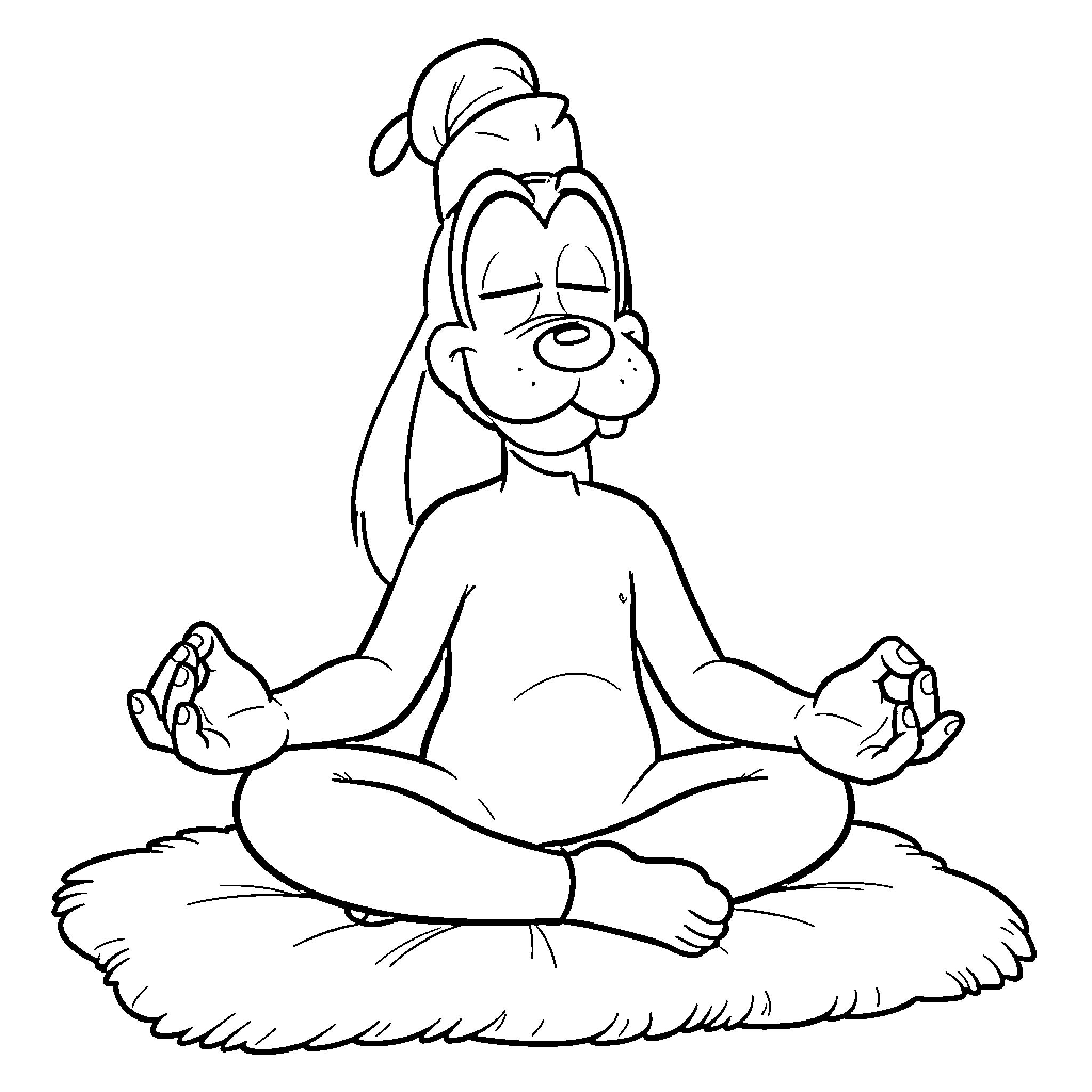 Goofy character practicing mindful meditation Coloring Page (free black-and-white line drawing printable PDF for all, from beginners to advanced learners, including children, teens, adults, and seniors)