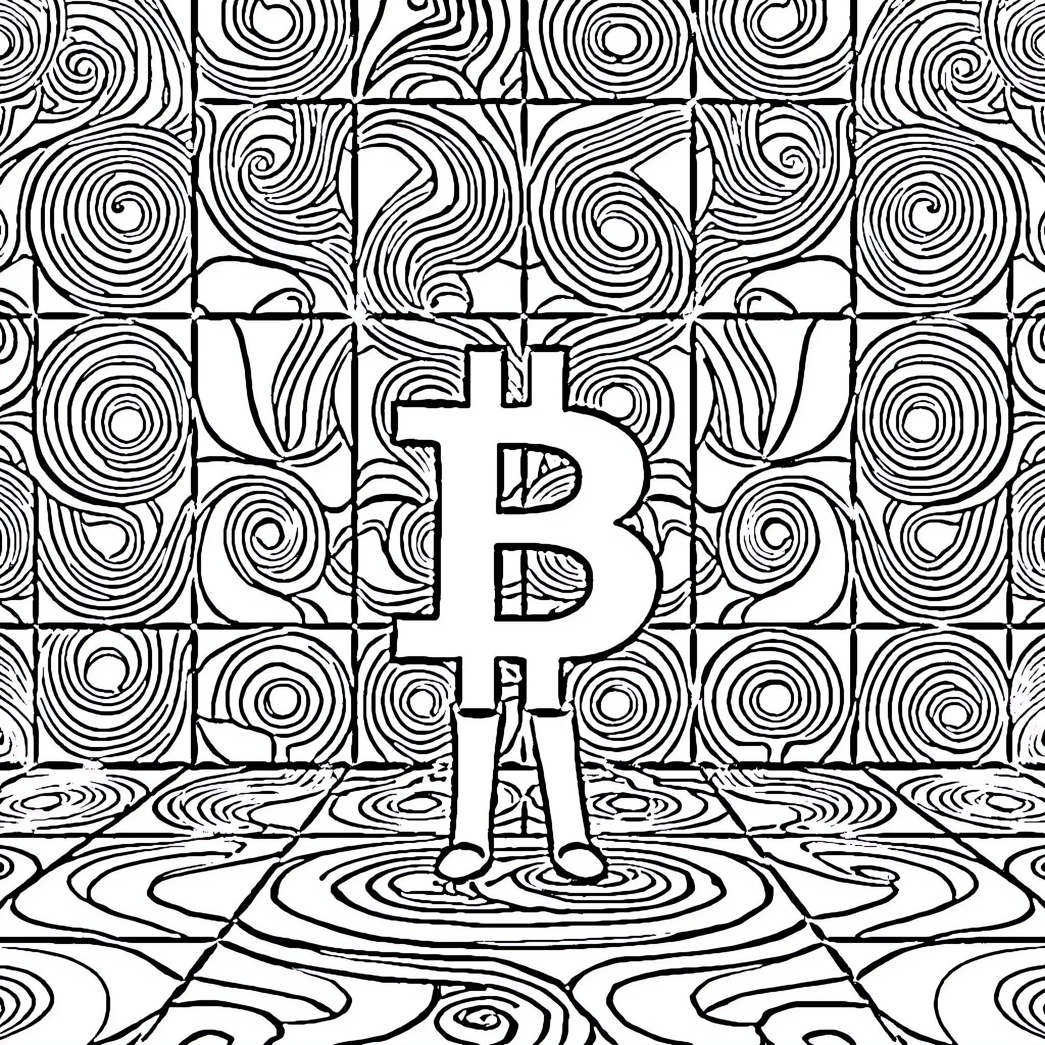 Pi - Intricate Swirling Patterns with Bitcoin Symbol Coloring Page (free black-and-white line drawing printable PDF for all, from beginners to advanced learners, including children, teens, adults, and seniors)