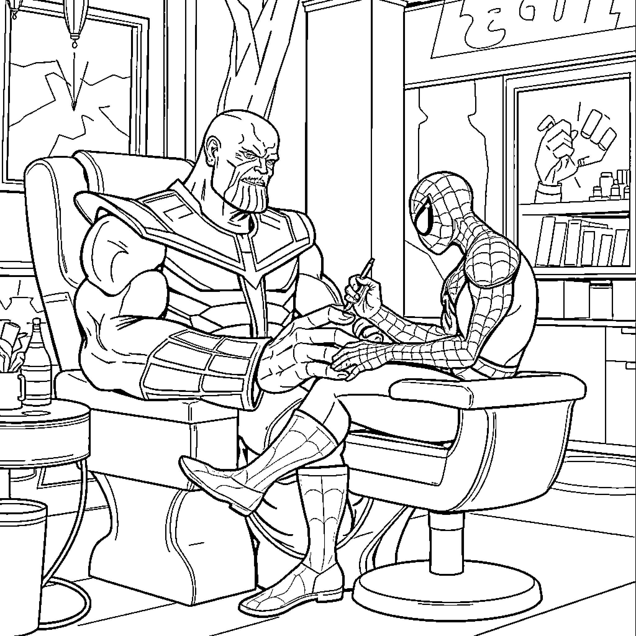 Thanos and Spider-Man in Confrontation Coloring Page (free black-and-white line drawing printable PDF for all, from beginners to advanced learners, including children, teens, adults, and seniors)