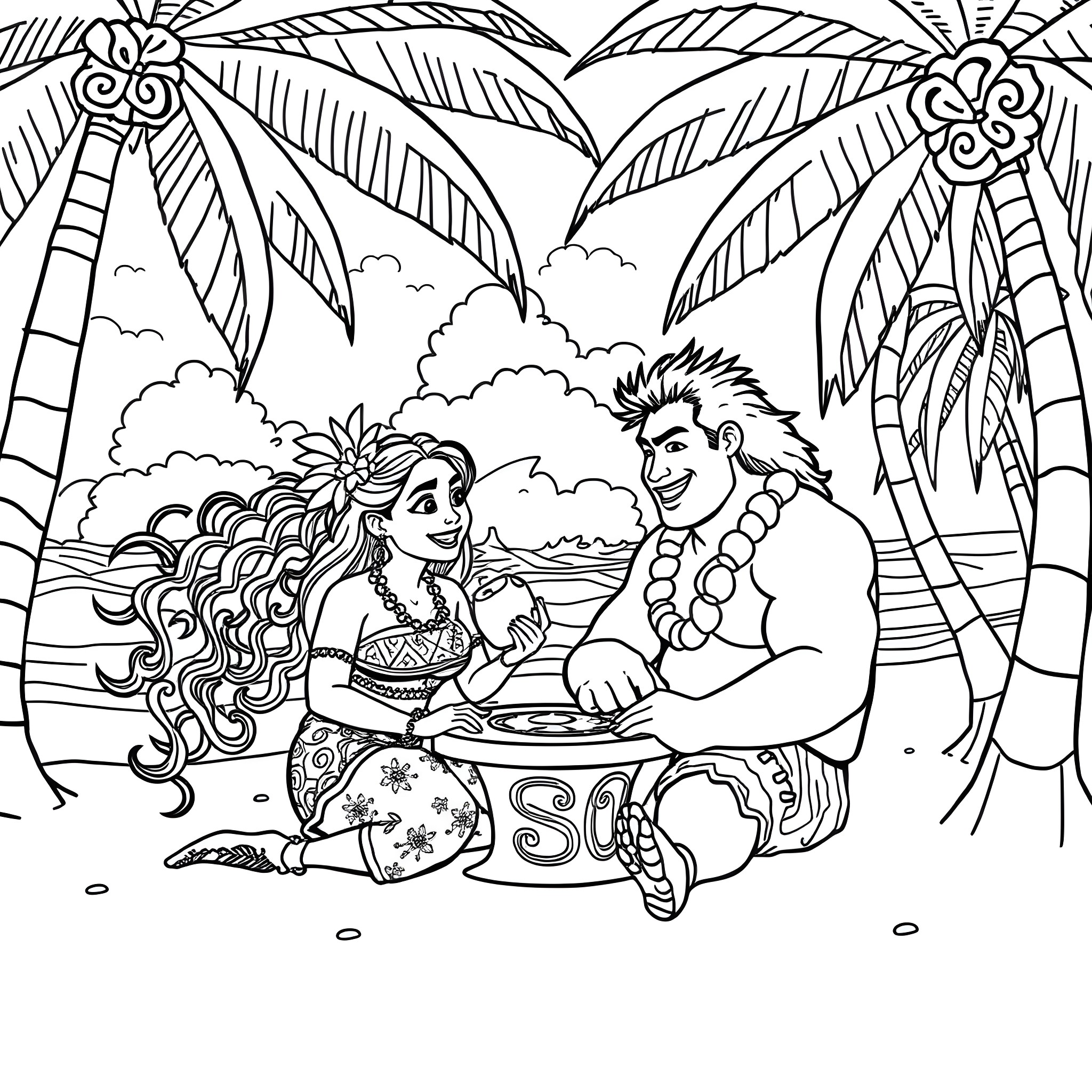 Moana and Maui enjoying a picnic on the beach Coloring Page (free black-and-white line drawing printable PDF for all, from beginners to advanced learners, including children, teens, adults, and seniors)