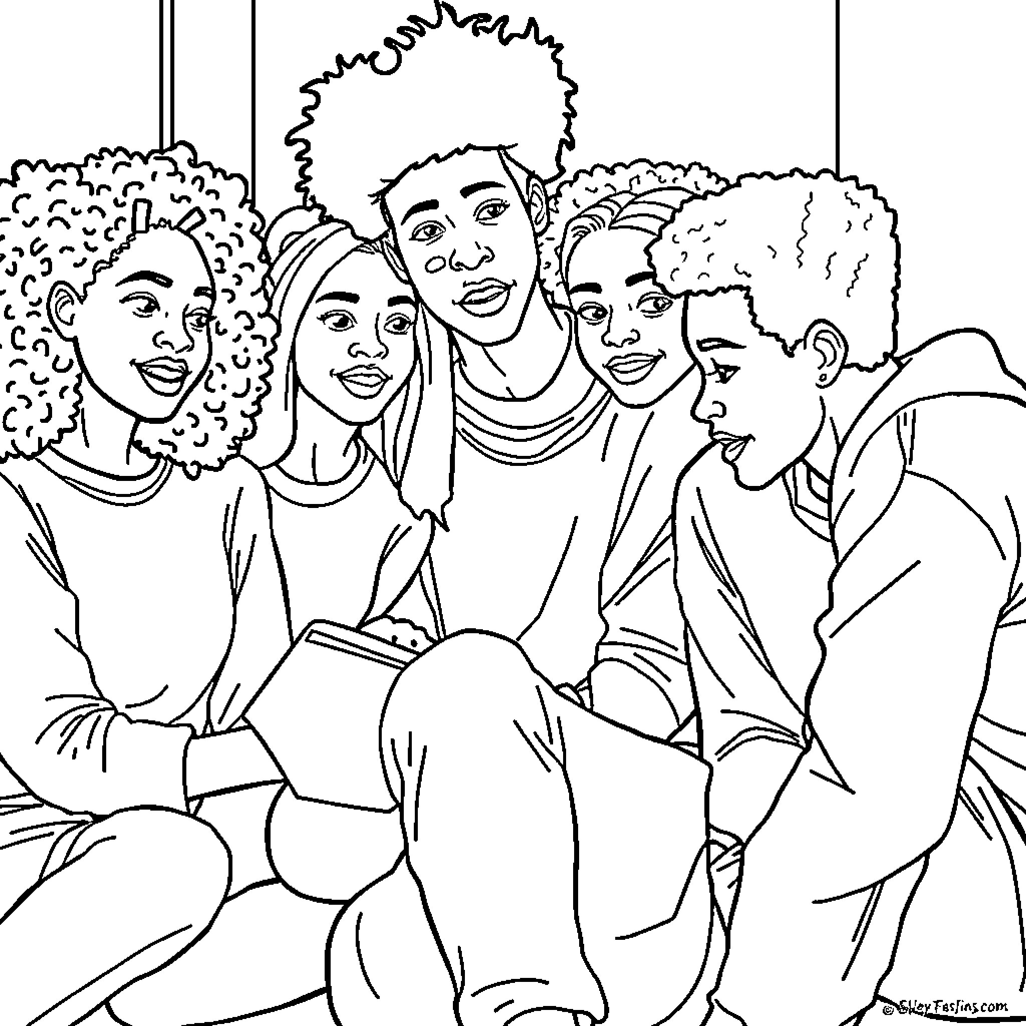 Teenagers smiling and chatting together Coloring Page (free black-and-white line drawing printable PDF for all, from beginners to advanced learners, including children, teens, adults, and seniors)