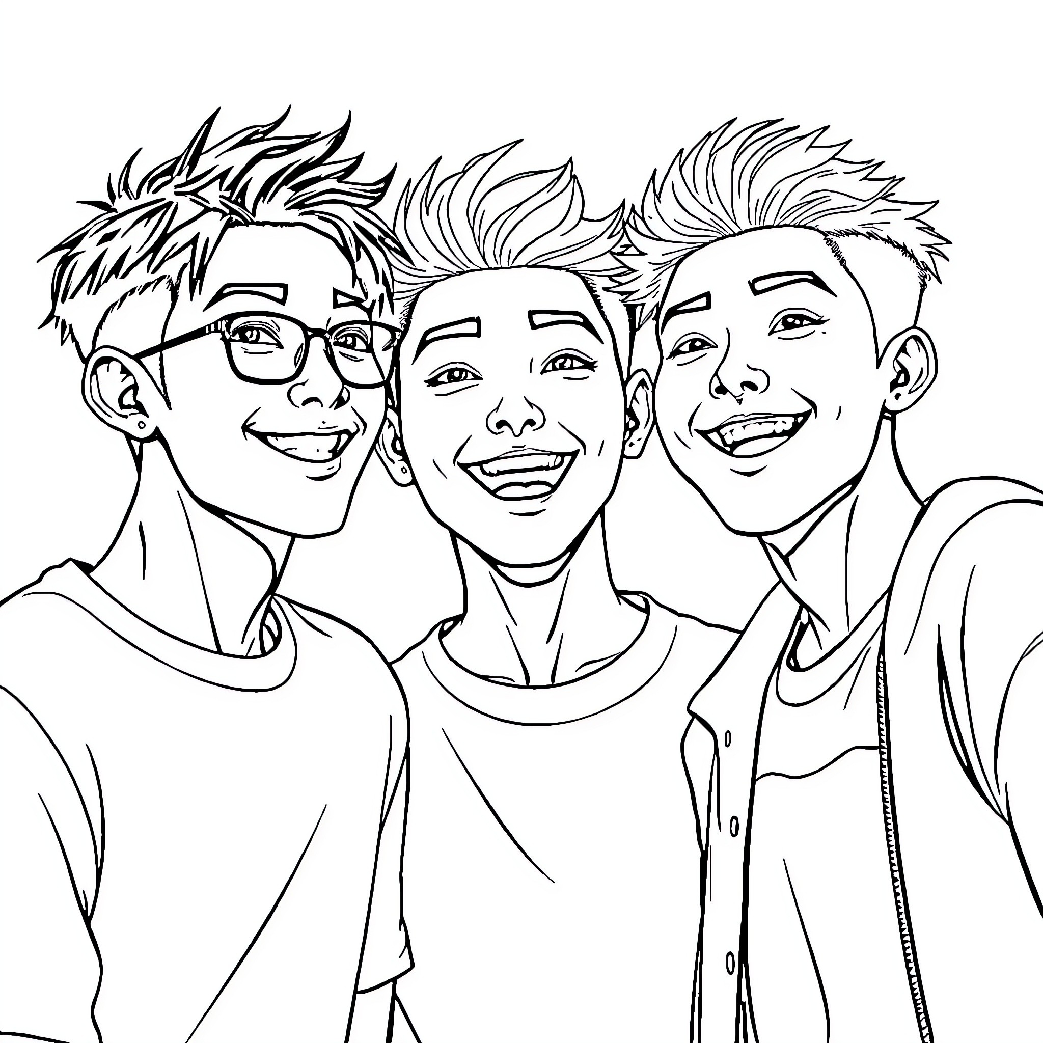 Coreano Friends Posing Together Coloring Page (free black-and-white line drawing printable PDF for all, from beginners to advanced learners, including children, teens, adults, and seniors)