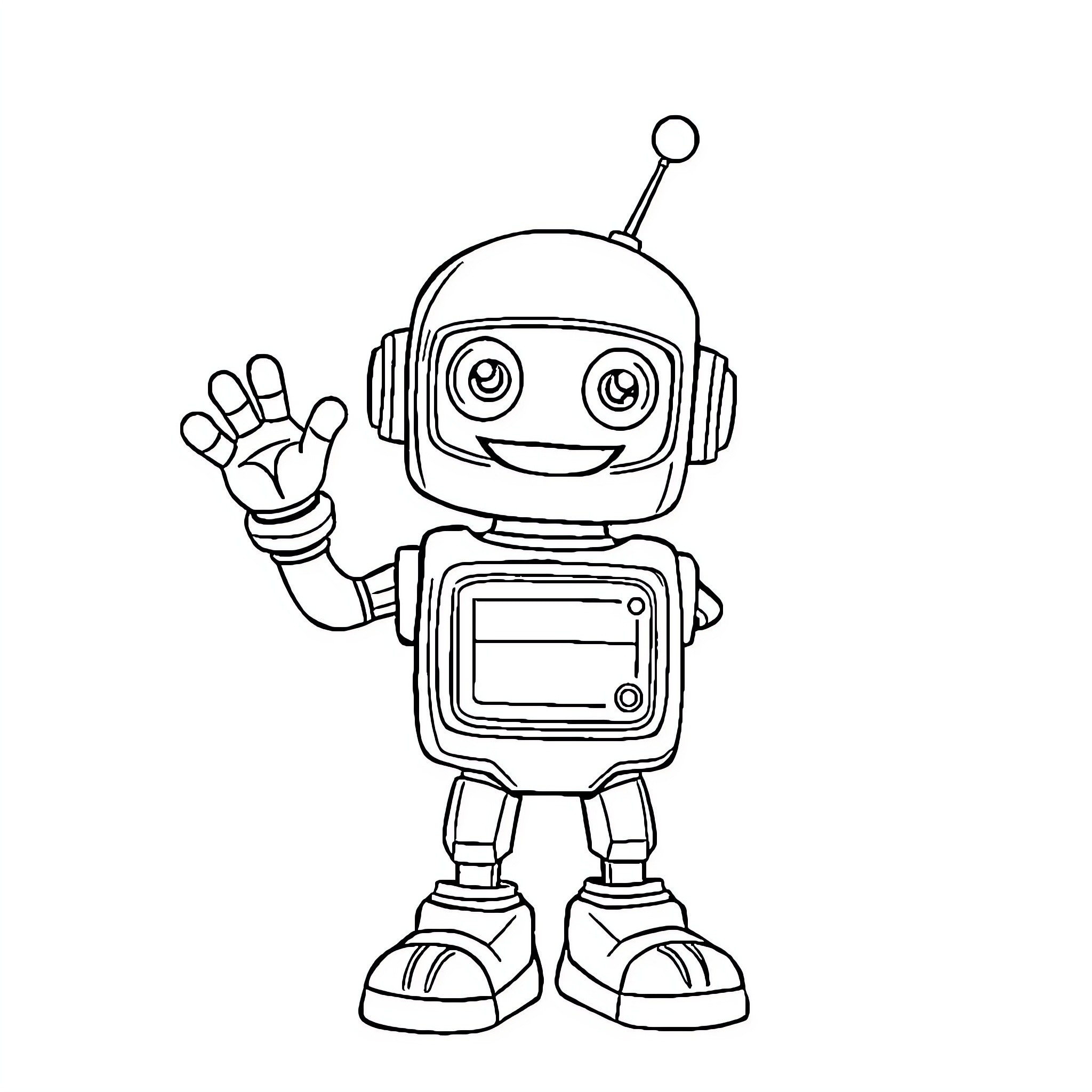 Robot waving hello with friendly expression Coloring Page (free black-and-white line drawing printable PDF for all, from beginners to advanced learners, including children, teens, adults, and seniors)