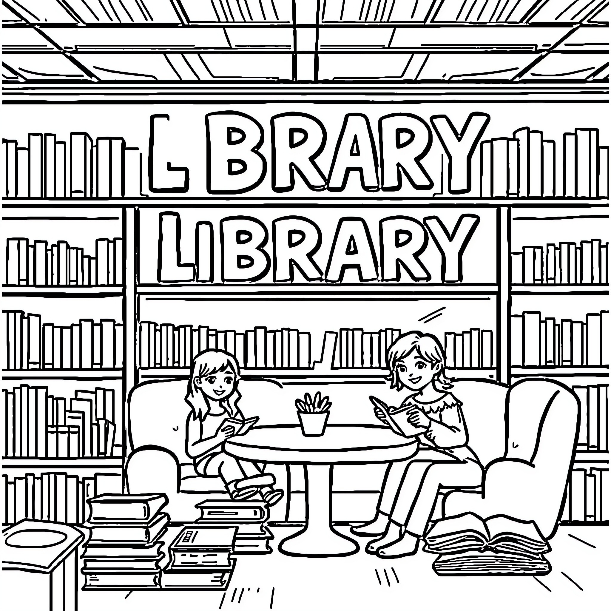 Library Study Session at Brary Library Coloring Page (free black-and-white line drawing printable PDF for all, from beginners to advanced learners, including children, teens, adults, and seniors)
