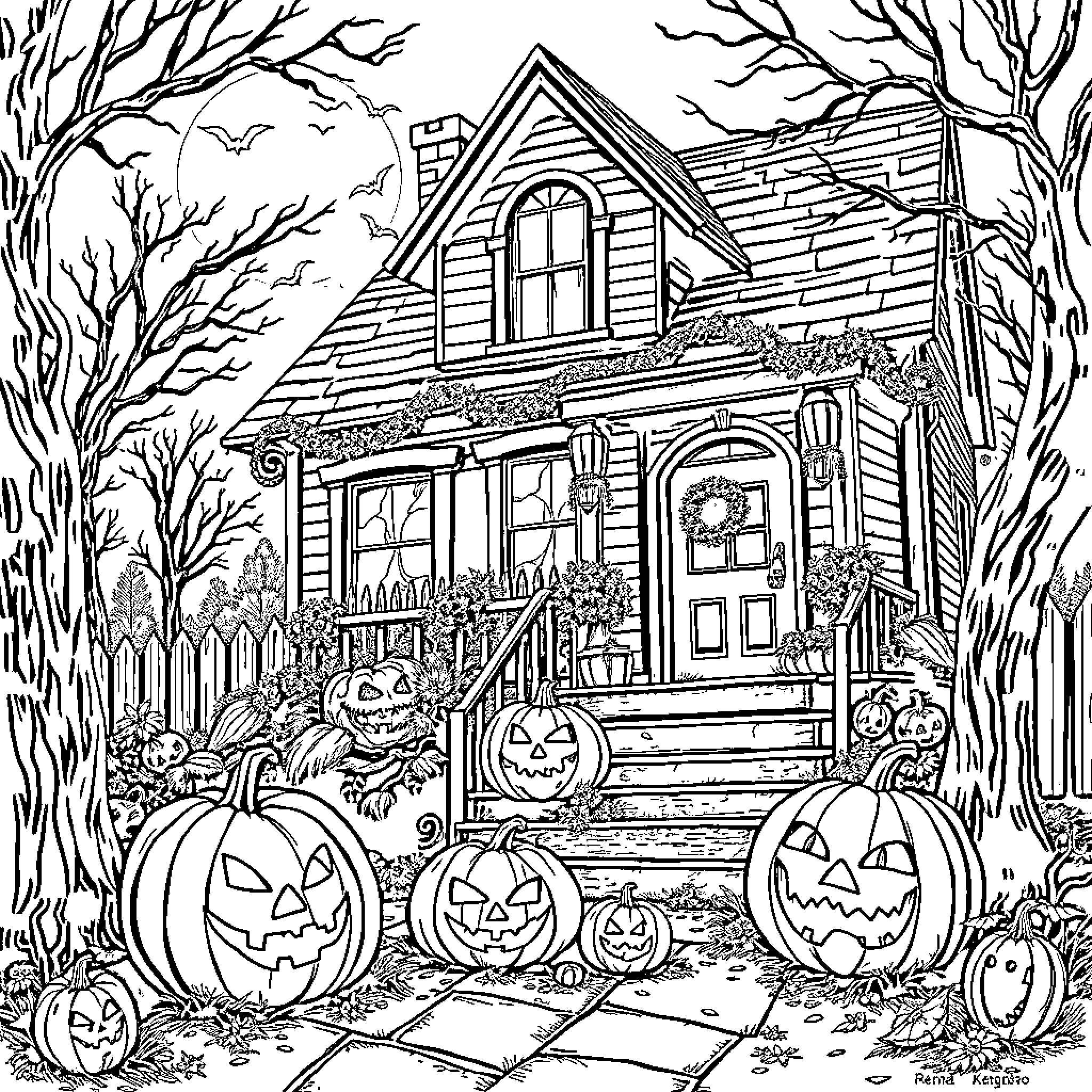 Halloween haunted house with pumpkins and bats Coloring Page (free black-and-white line drawing printable PDF for all, from beginners to advanced learners, including children, teens, adults, and seniors)