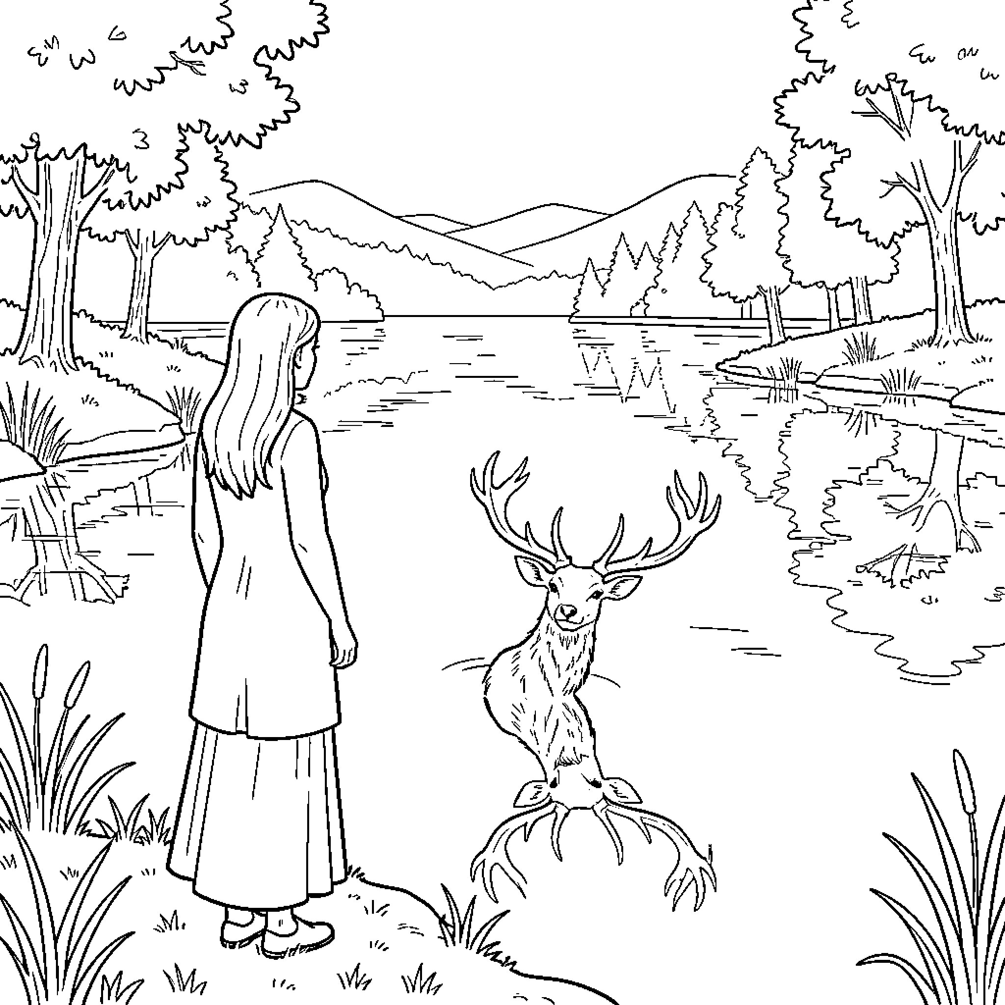 Woman observes deer in serene forest landscape Coloring Page (free black-and-white line drawing printable PDF for all, from beginners to advanced learners, including children, teens, adults, and seniors)