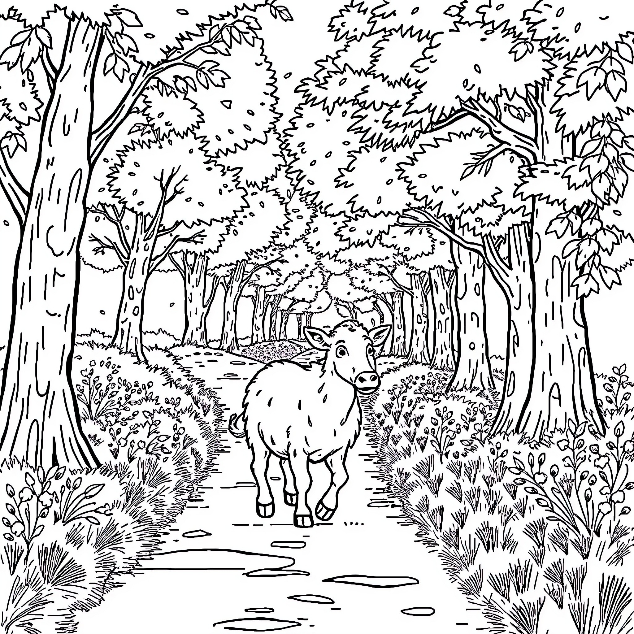 Hedgehog exploring the enchanting forest path Coloring Page (free black-and-white line drawing printable PDF for all, from beginners to advanced learners, including children, teens, adults, and seniors)