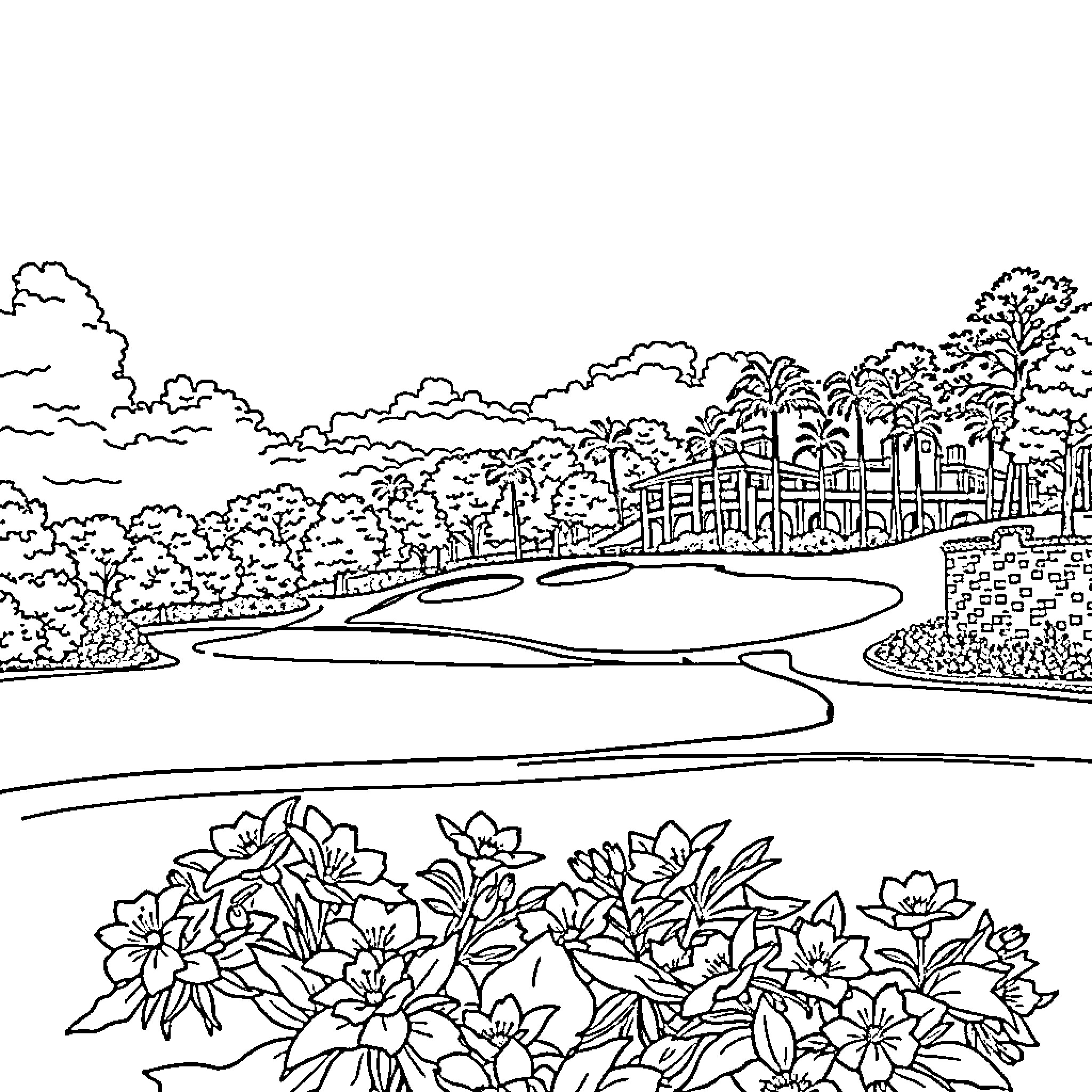 Augusta National Scenery with Vibrant Floral Landscape Coloring Page (free black-and-white line drawing printable PDF for all, from beginners to advanced learners, including children, teens, adults, and seniors)