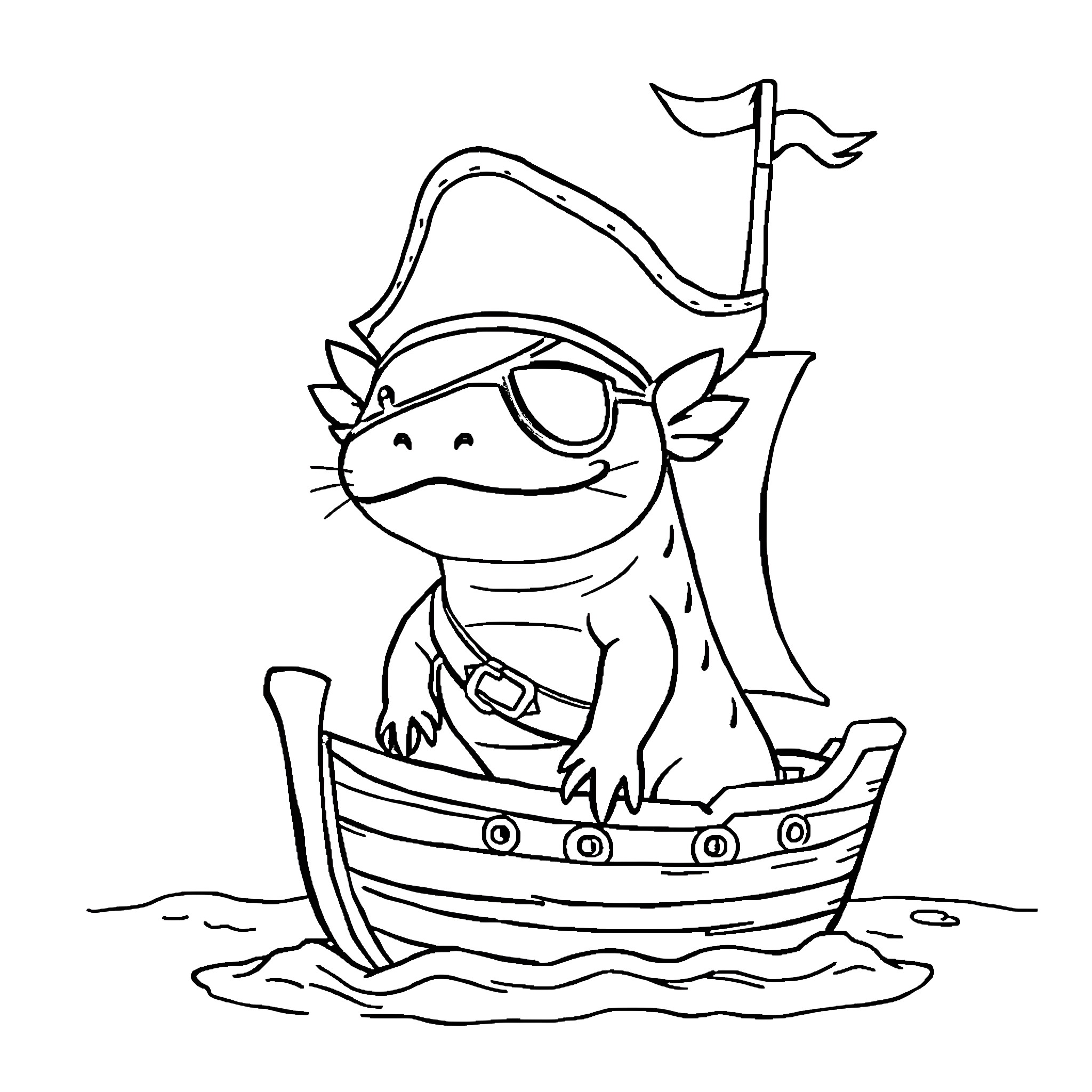 Axolotl sailing on a pirate ship Coloring Page (free black-and-white line drawing printable PDF for all, from beginners to advanced learners, including children, teens, adults, and seniors)