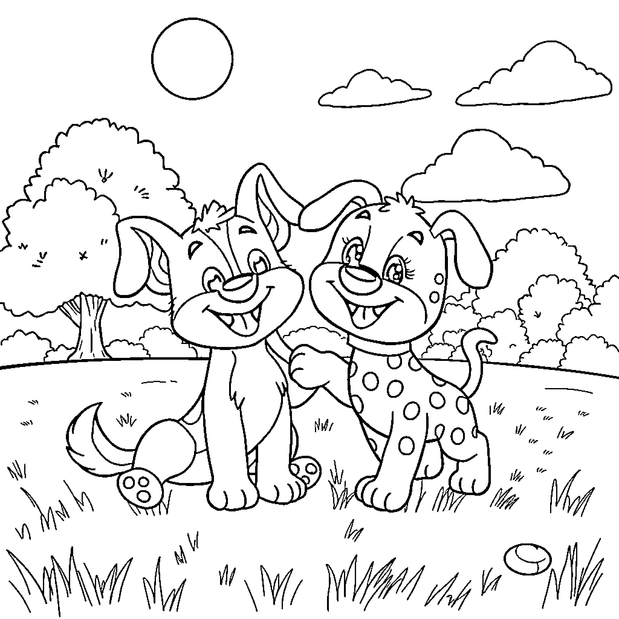 Bluey and friends explore the outdoors Coloring Page (free black-and-white line drawing printable PDF for all, from beginners to advanced learners, including children, teens, adults, and seniors)
