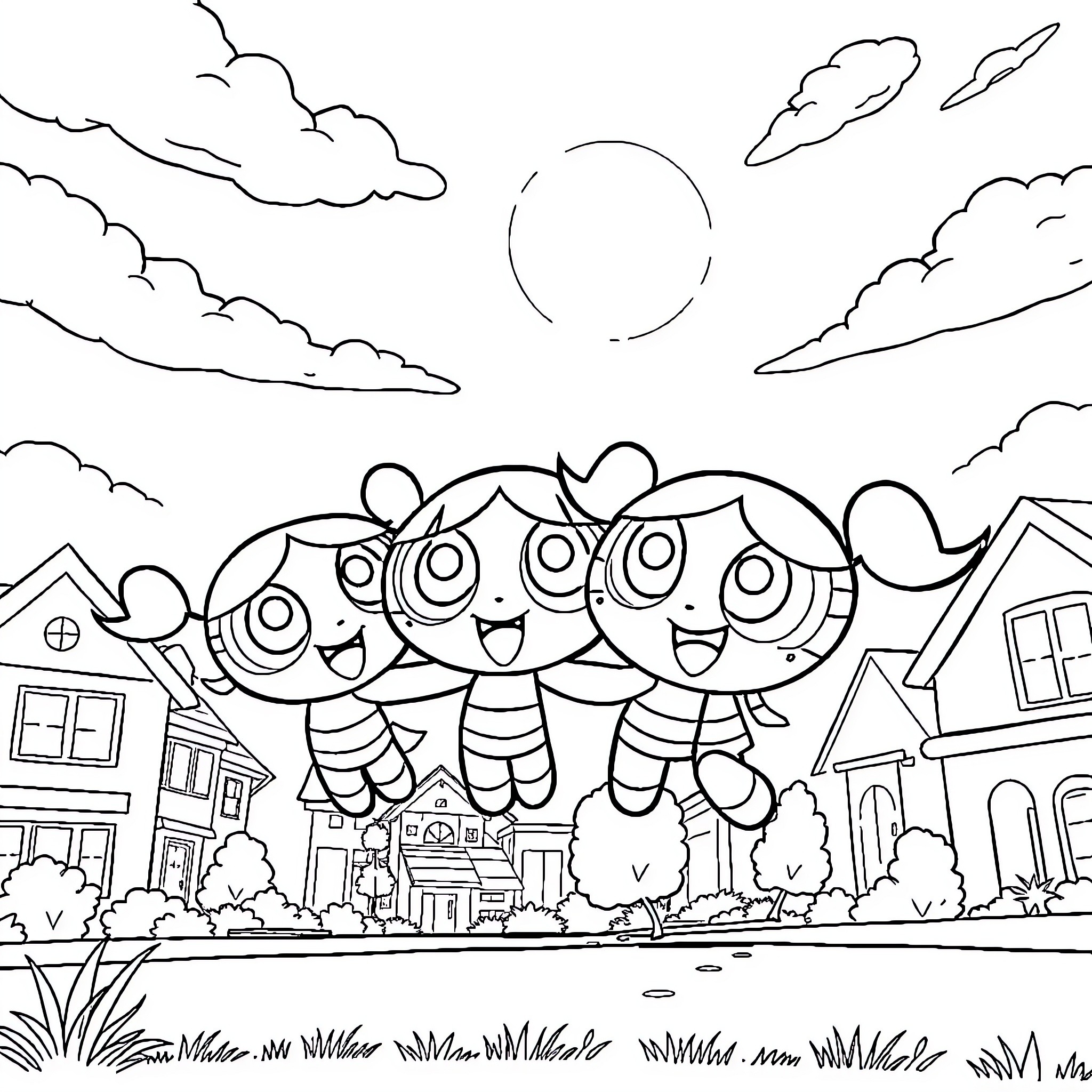 Powerpuff Girls playing and exploring in their neighborhood Coloring Page (free black-and-white line drawing printable PDF for all, from beginners to advanced learners, including children, teens, adults, and seniors)