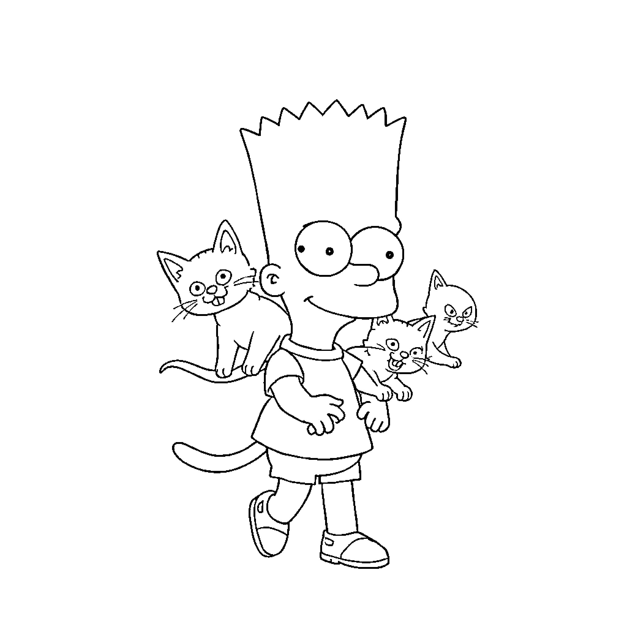 Bart Simpson playing with cats Coloring Page (free black-and-white line drawing printable PDF for all, from beginners to advanced learners, including children, teens, adults, and seniors)